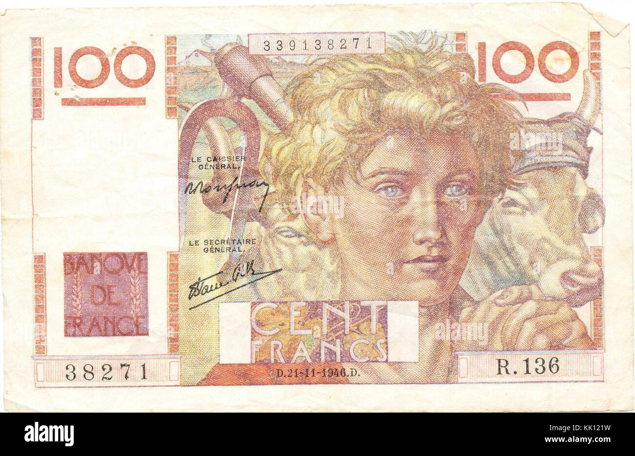 Recto d'un billet de 100 francs de 1946 Banque D'Images