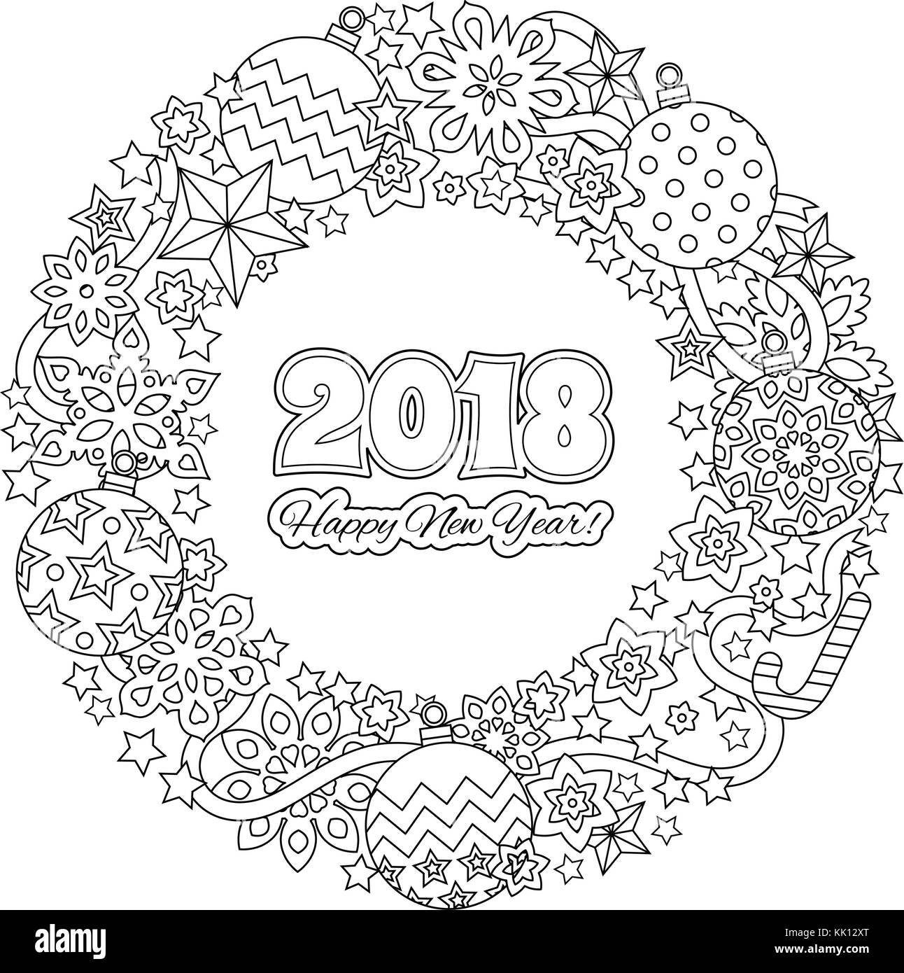 Carte De Felicitations Bonne Annee 18 Couronne Composee D Elements De Fete De Noel Page A Colorier Pour Adulte Noir Et Blanc De Style Zentangle Illustation Inspire Image Vectorielle Stock Alamy