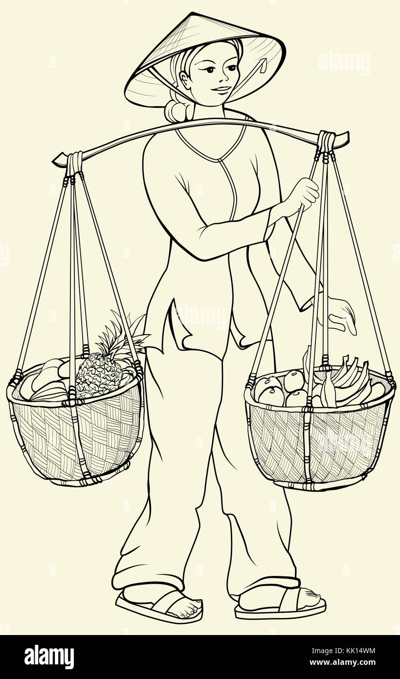 Dessin A La Main D Une Vietnamienne Aller Au Marche Image Vectorielle Stock Alamy