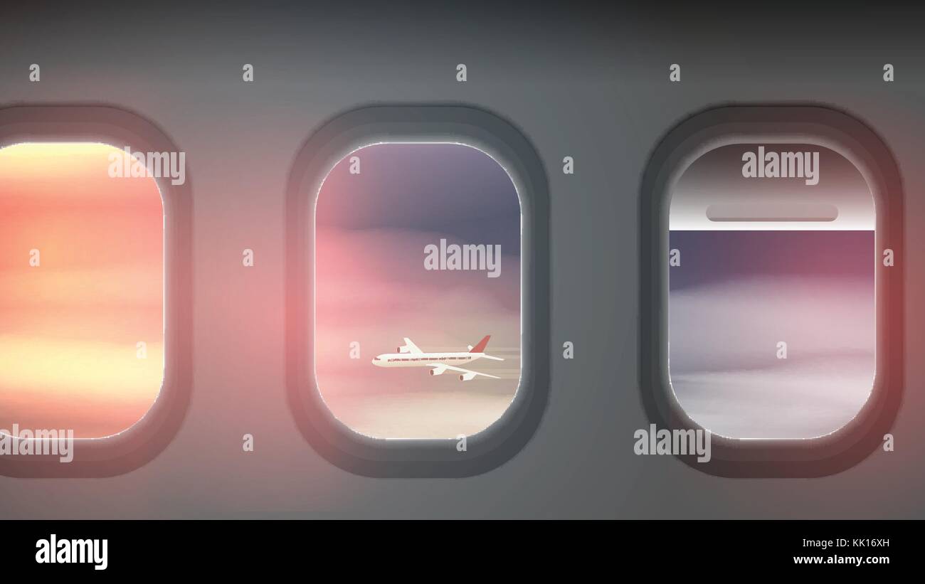 À la recherche par les fenêtres d'un avion, les nuages et un autre avion - vector illustration Illustration de Vecteur