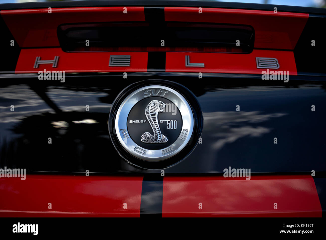 Insigne Insigne iconique et détail d'une Ford Mustang Shelby GT500 American muscle car. Banque D'Images