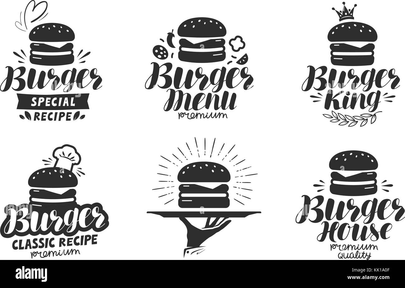 Burger, logo ou icône de restauration rapide, emblème. Étiquette pour restaurant ou café de conception de menu. Illustration vectorielle de lettrage Illustration de Vecteur