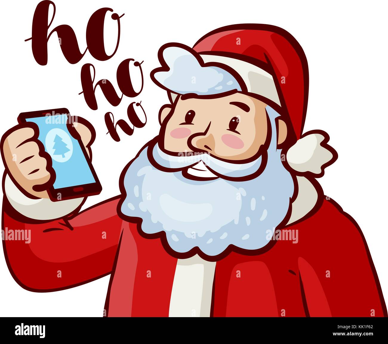 Joyeux Père Noël avec le téléphone en main. Noël, concept de Noël. Illustration vectorielle de dessin animé Illustration de Vecteur