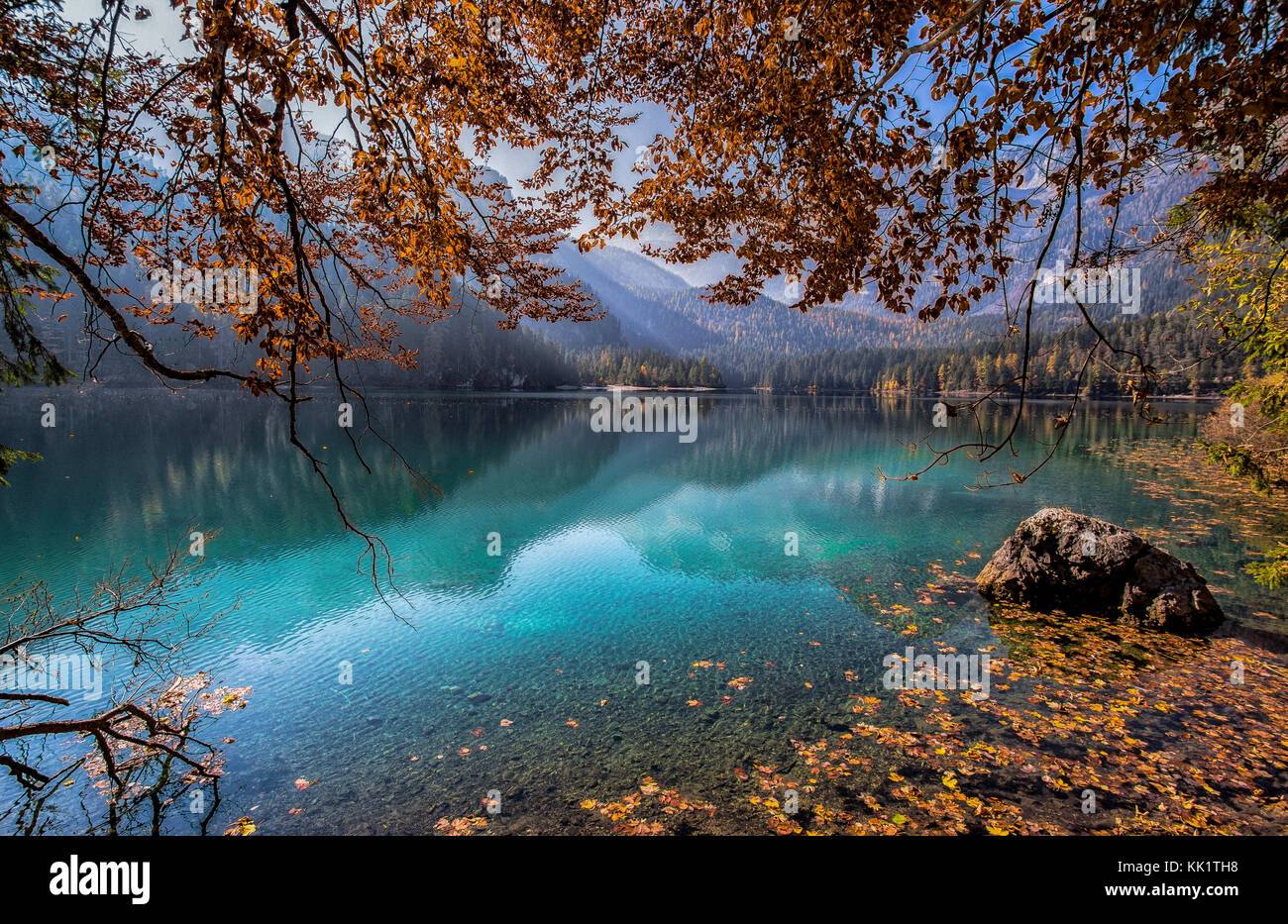 Vue automnale de tovel lac, Val di non dans le parc naturel d'Adamello Brenta-, Trentin Haut-Adige, Italie. Banque D'Images