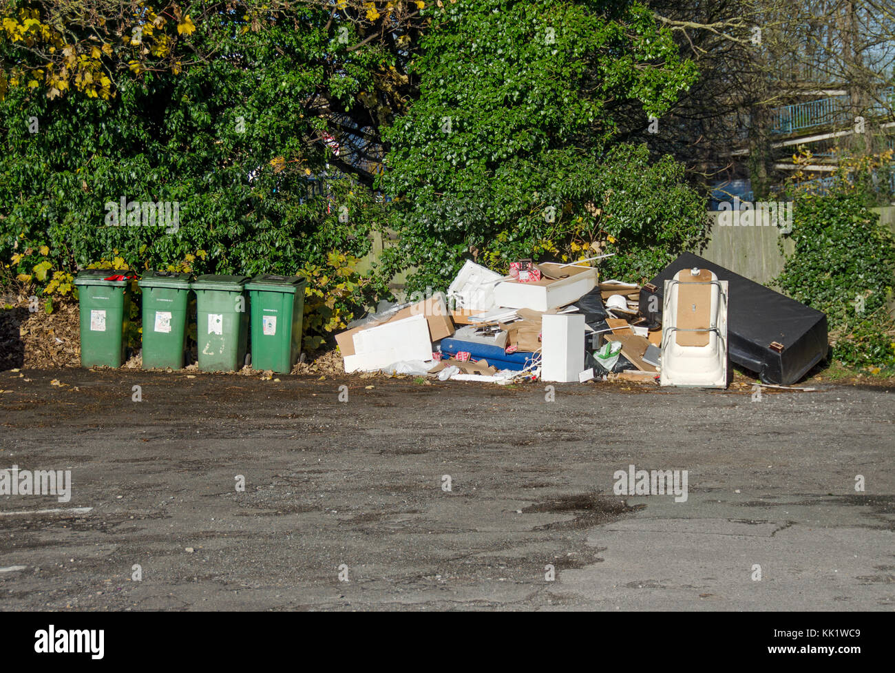 Les gros déchets ménagers sont laissés à l'extérieur des appartements loués à côté des bacs de recyclage des autorités locales. Il est peu probable que le Conseil en soit saisi. Maidsto Banque D'Images