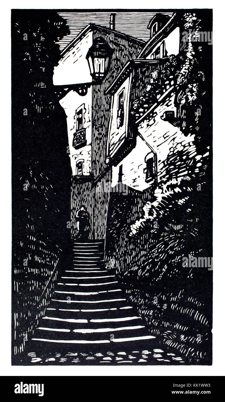 Rue de la Fontaine a Nevers, 1920 Gravure sur bois illustration par l'artiste français Fernand Chalandre Banque D'Images