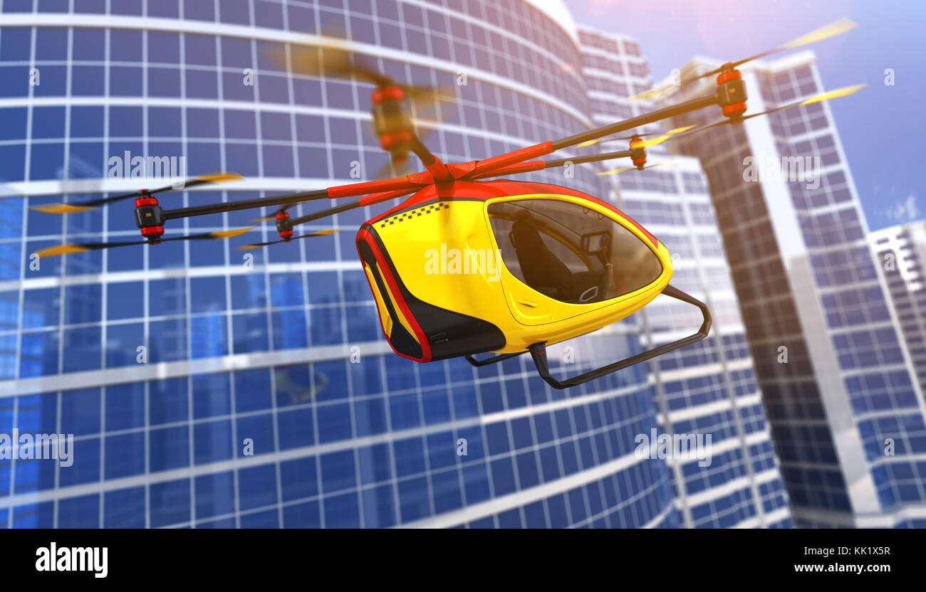 Drone passager électrique volant en face de bâtiments. c'est un modèle 3d et n'existe pas dans la vie réelle. 3d illustration Banque D'Images