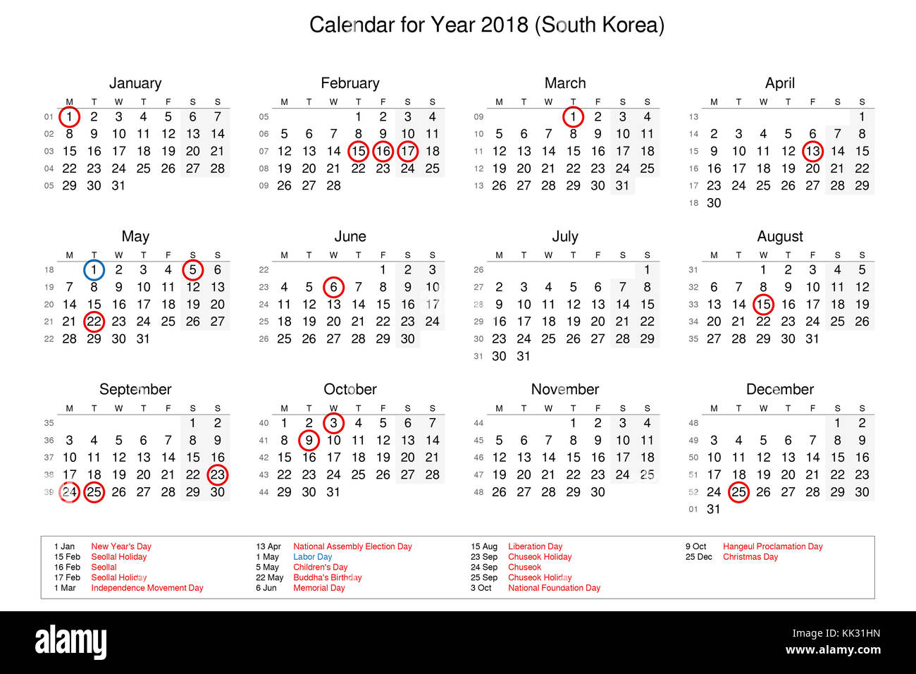 Calendrier de l'année 2018 avec jours fériés et jours fériés pour la Corée du Sud Banque D'Images