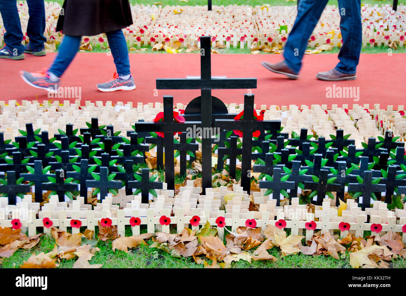 Londres, Angleterre, Royaume-Uni. Des croisements et des coquelicots dans le domaine de l'abbaye de Westminster, le 11 novembre 2017 Banque D'Images