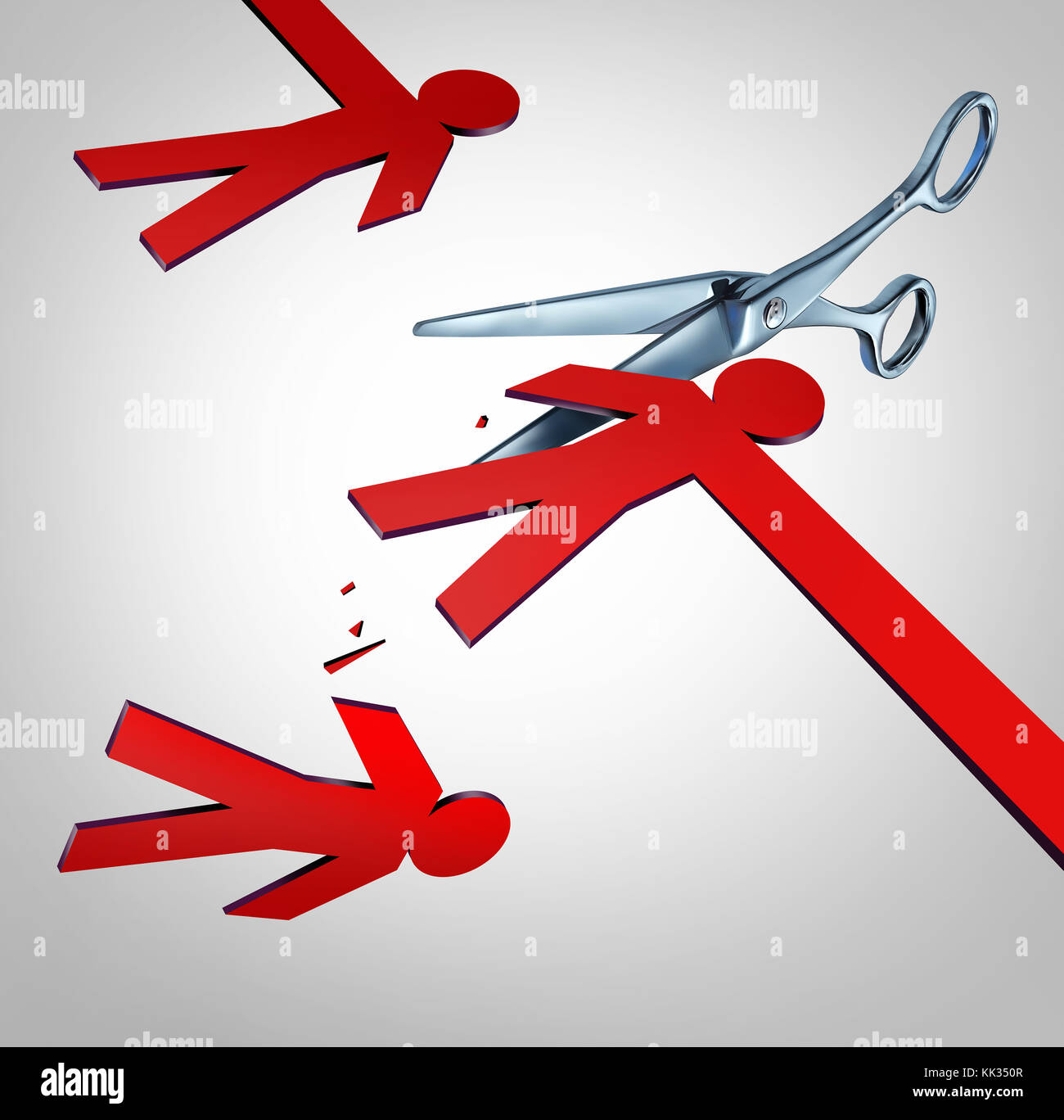 Cut The Middleman notion de commerce électronique et d'une stratégie d'efficacité d'économie d'entreprise comme une paire d'scussors la coupe d'un homme moyen ou le fournisseur de service. Banque D'Images