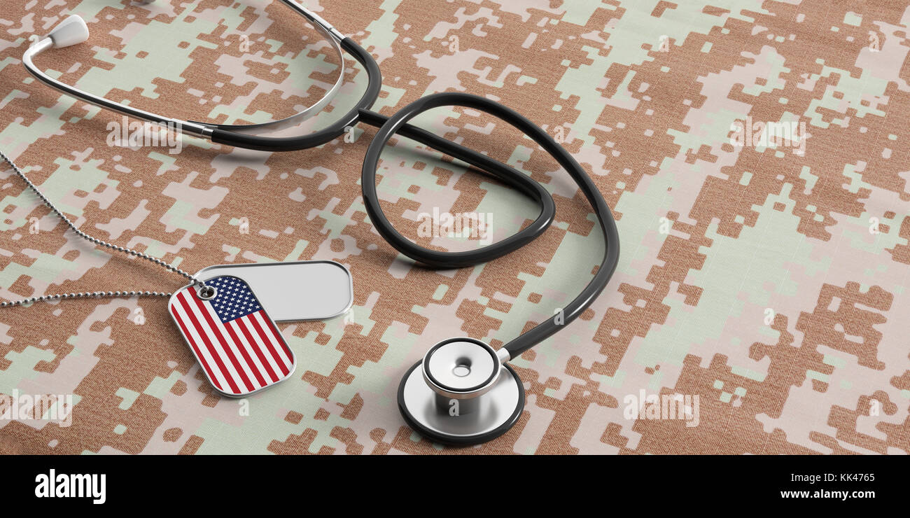 Concept de l'armée usa. drapeau américain chien identification tags et sur tissu camouflage stéthoscope numérique. 3d illustration Banque D'Images