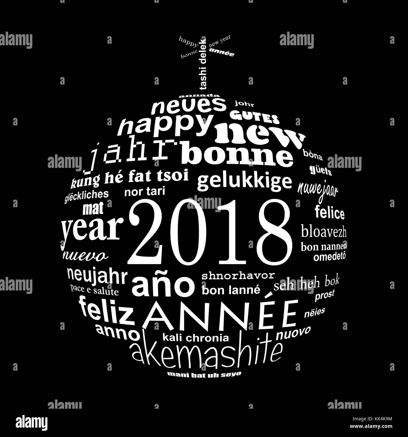Nouvel an 2018 nuage de mots de texte multilingue carte de souhaits en forme de boule de Noël blanc sur fond noir Banque D'Images