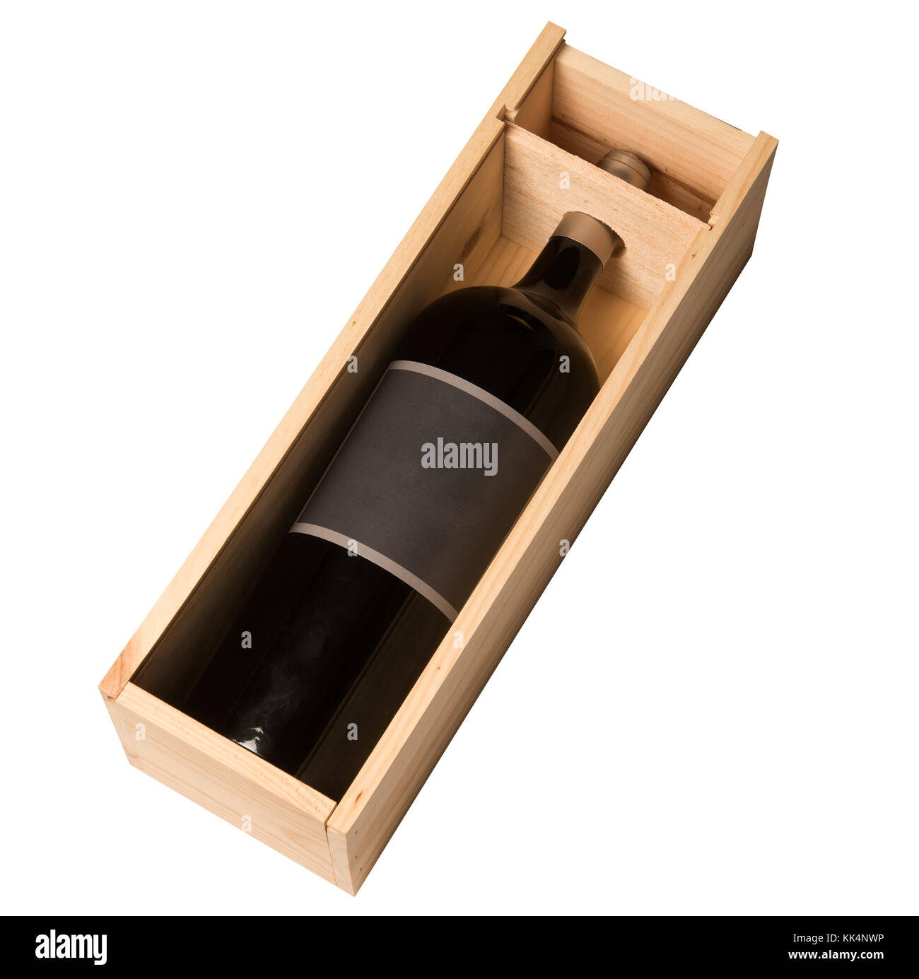 Bouteille de vin dans un coffret en bois isolé sur fond blanc Banque D'Images