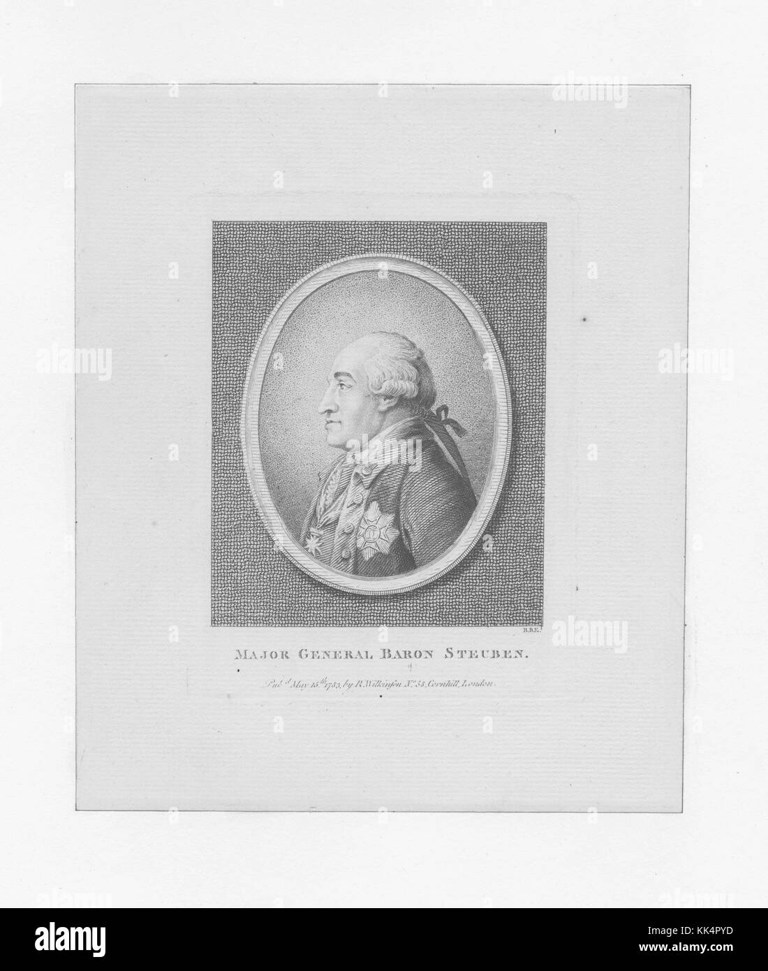 Portrait gravé du général Friedrich Wilhelm von steuben, communément connu comme le baron Von Steuben, un américain d'origine prussienne officier militaire qui a servi comme inspecteur général et le général de l'armée continentale pendant la guerre d'indépendance américaine, de profil, situé dans un ovale, titré "major général baron steuben', 1826. à partir de la bibliothèque publique de new york. Banque D'Images