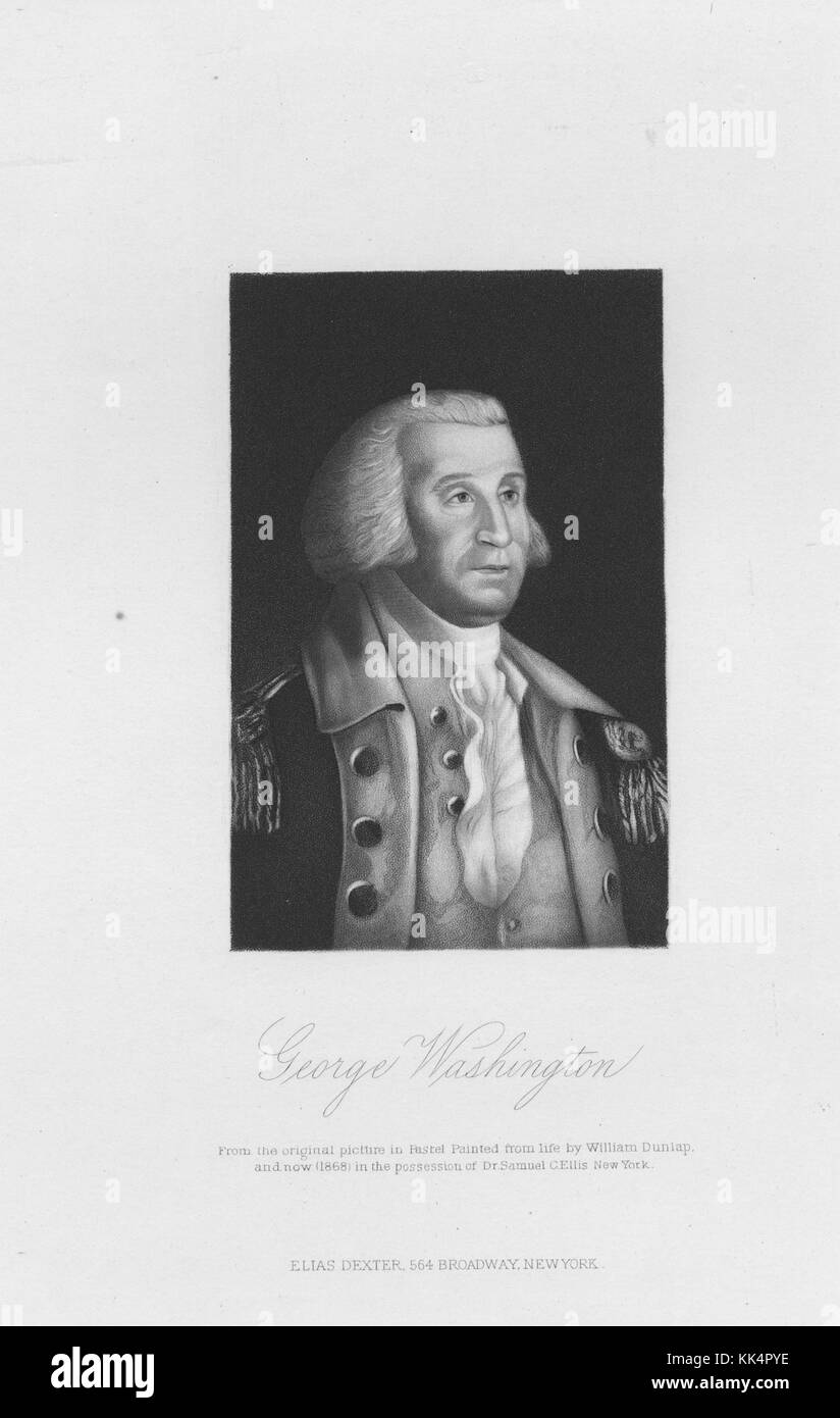 Portrait gravé de George Washington, intitulé 'George Washington, tiré de l'image originale en pastel peinte de la vie par William Dunlap, et maintenant (1868) en possession du Dr Samuel C Ellis, New York', par Elias Dexter, New York, New York, New York, 1833. de la Bibliothèque publique de New York. Banque D'Images