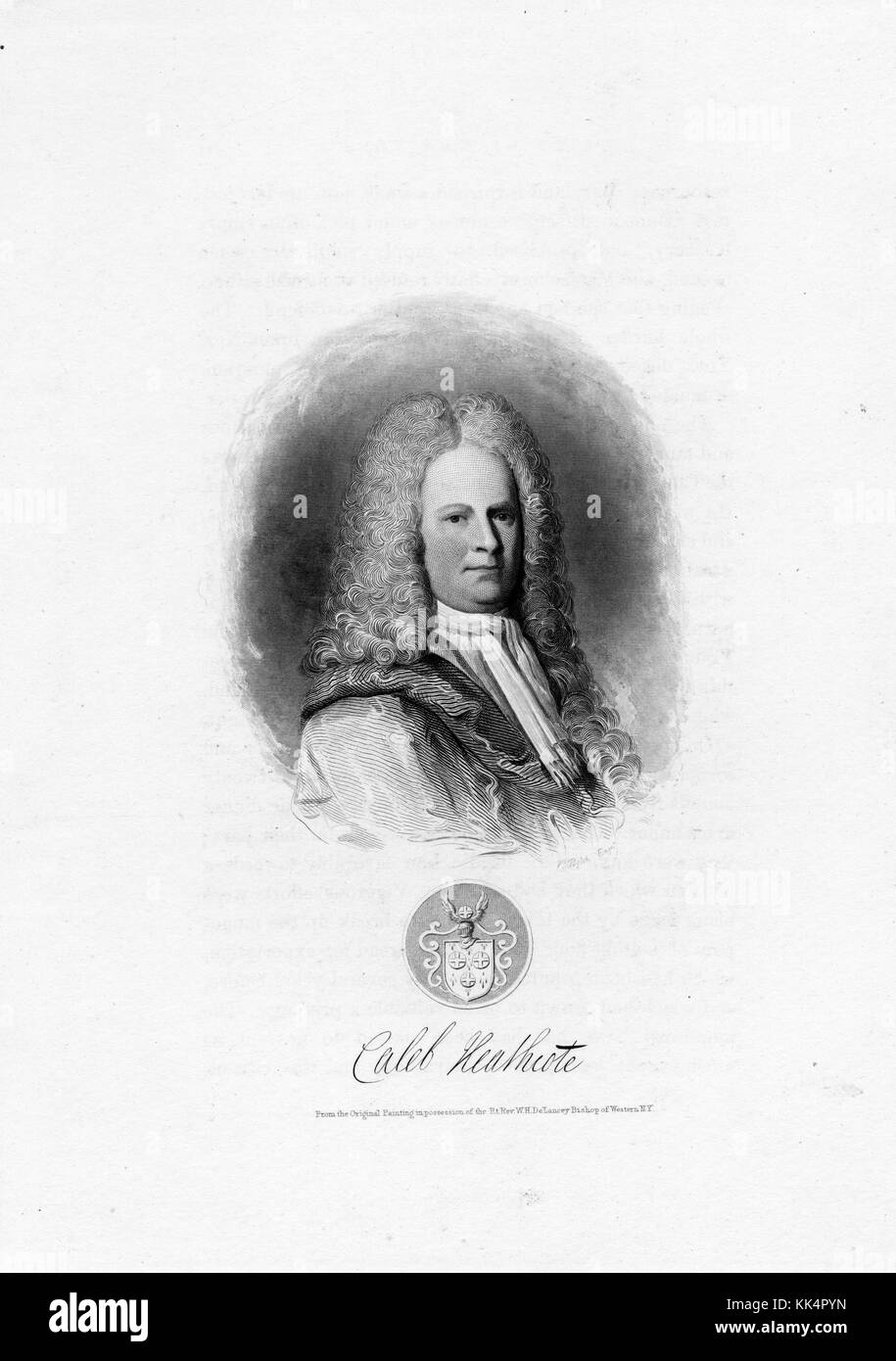 Portrait gravé de Caleb Heathcote, qui a été le 31e maire de New York de 1711 à 1713, son domaine dans le comté de Westchester, New York, est le site de l'actuelle ville de Scarsdale, un blason et sa signature représentés sous son portrait, New York, 1750. De la Bibliothèque publique de New York. Banque D'Images