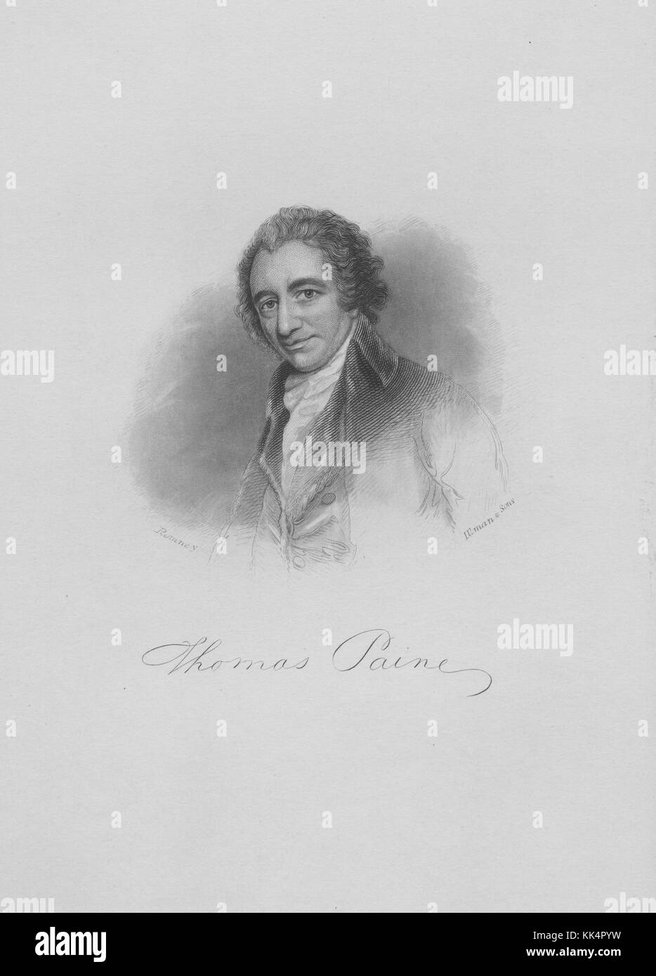 Portrait gravé de Thomas Paine, l'un des pères fondateurs des États-Unis, militant politique anglo-américain, philosophe, théoricien politique et révolutionnaire, sa signature est représentée en bas, États-Unis, 1830. De la Bibliothèque publique de New York. Banque D'Images