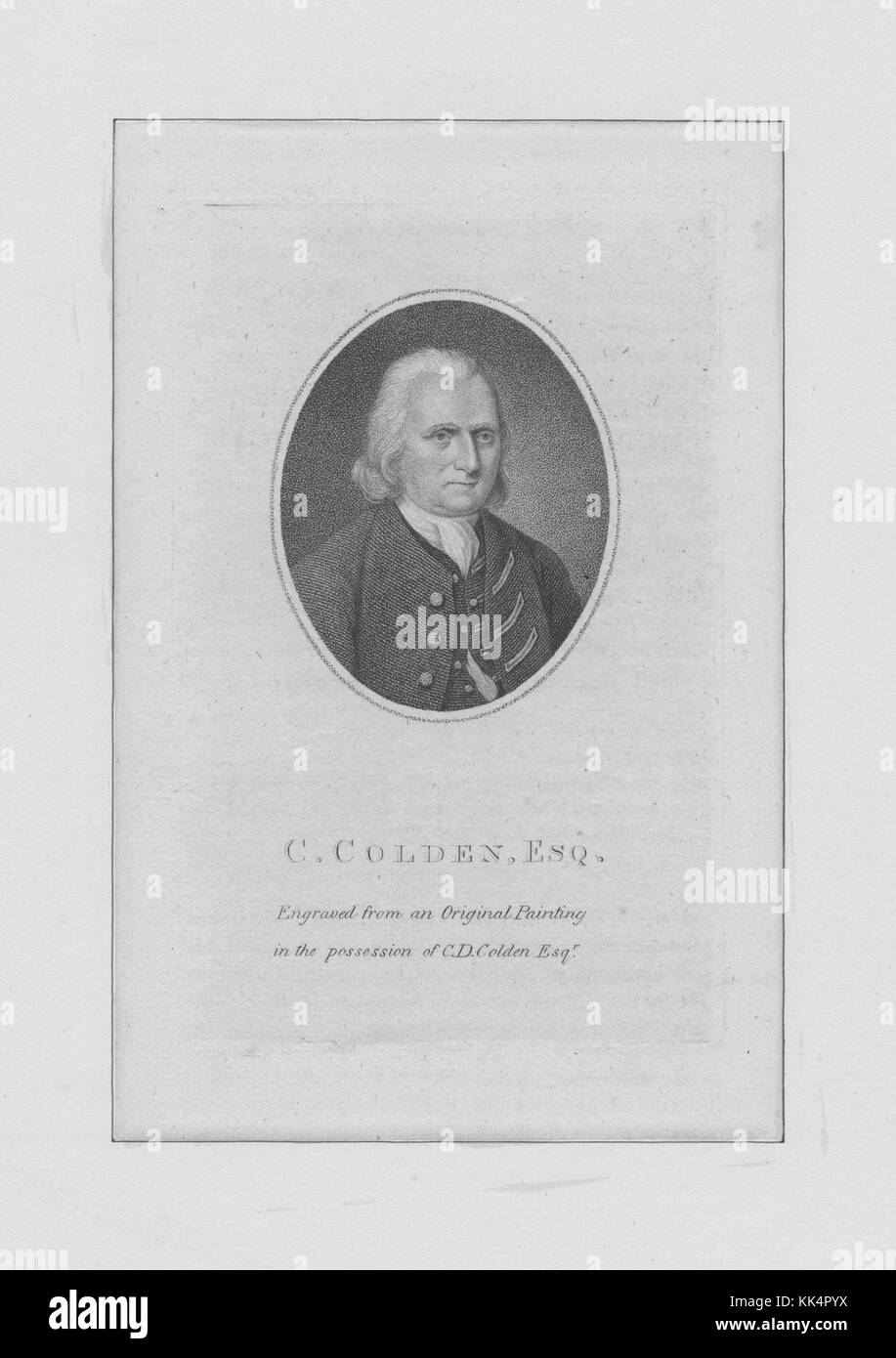 Portrait gravé de Cadwallader Colden, médecin, spécialiste des sciences naturelles et lieutenant-gouverneur de la province de New York, 1830. De la Bibliothèque publique de New York. Banque D'Images