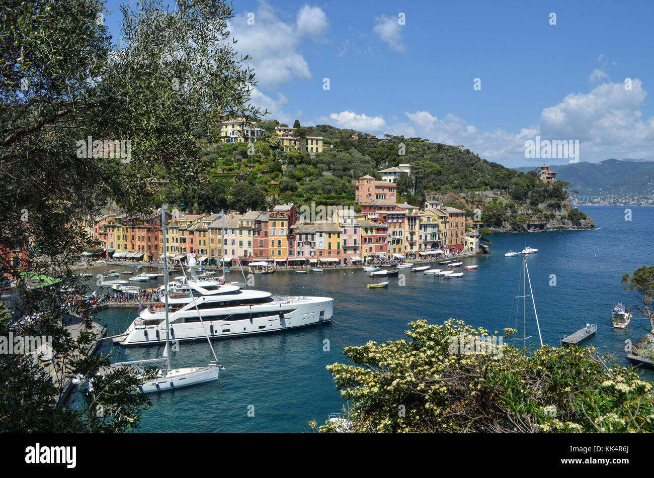 Italie, Ligurie : Portofino. Sommaire d'une colline d'un yacht et voiliers du port de plaisance du petit village aux maisons colorées à l'abri dans une anse Banque D'Images