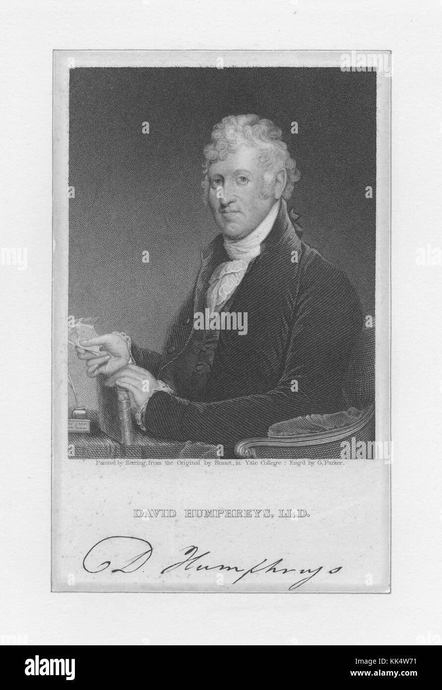 Gravure d'un portrait de David Humphreys, il a servi comme colonel pendant la guerre d'indépendance américaine et comme assistant personnel de George Washington pendant la guerre, il a également servi comme ambassadeur au Portugal et en Espagne, 1832. De la bibliothèque publique de New York. Banque D'Images