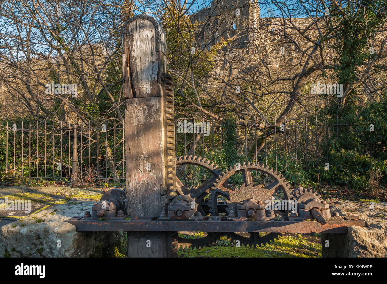 Une partie de la demeure de la vanne mécanisme du maintenant démolie Ullathorne's Mill, Barnard Castle, Angleterre du Nord-Est, Royaume-Uni Banque D'Images