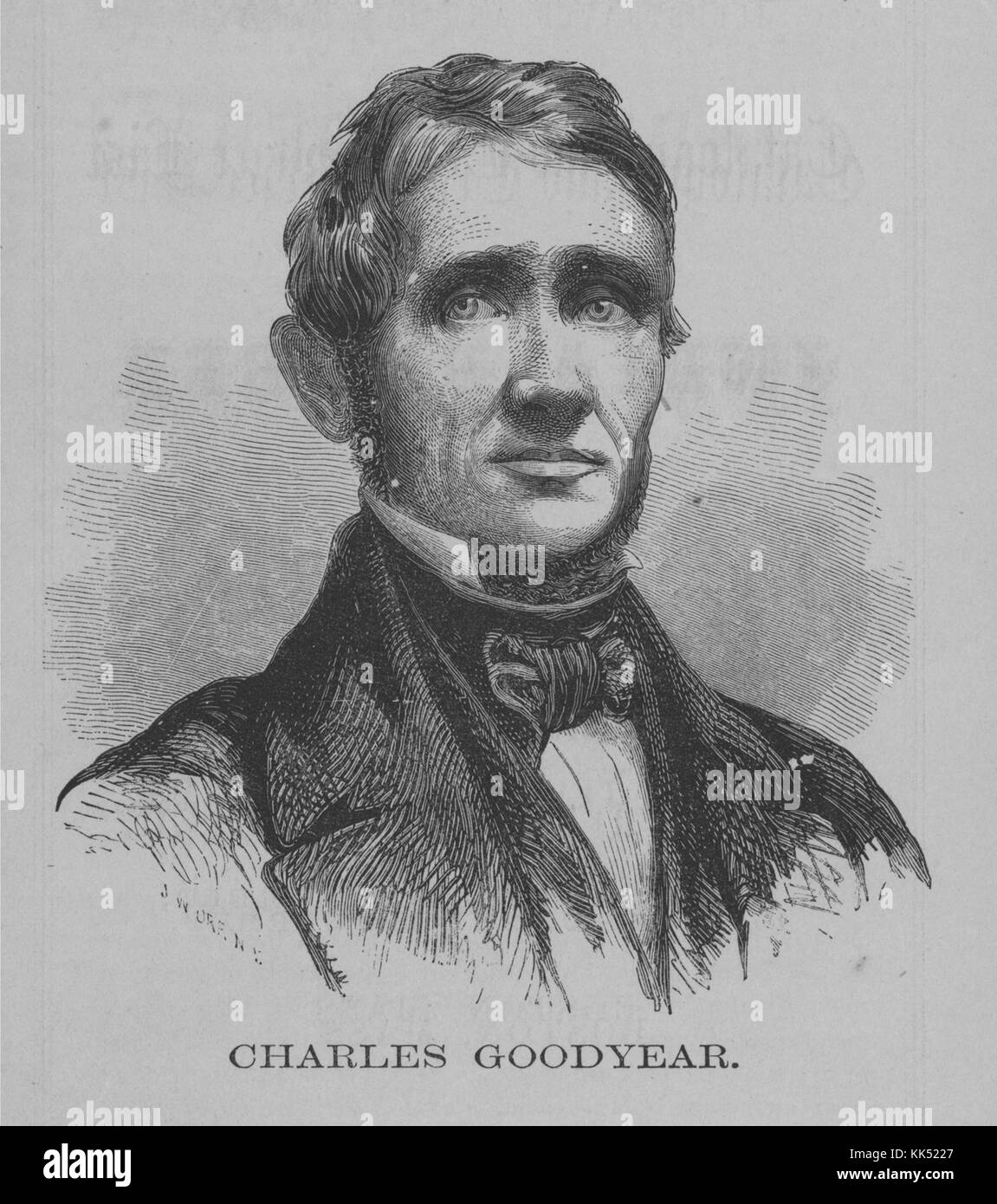 Une gravure d'un portrait de Charles Goodyear, il était un chimiste autodidacte qui a découvert accidentellement comment créer du caoutchouc vulcanisé par l'introduction de la chaleur, il a obtenu un brevet pour le procédé en 1844, la Goodyear Tire and Rubber Company a été nommée en son honneur 38 ans après sa mort, en 1890. De la Bibliothèque publique de New York. Banque D'Images