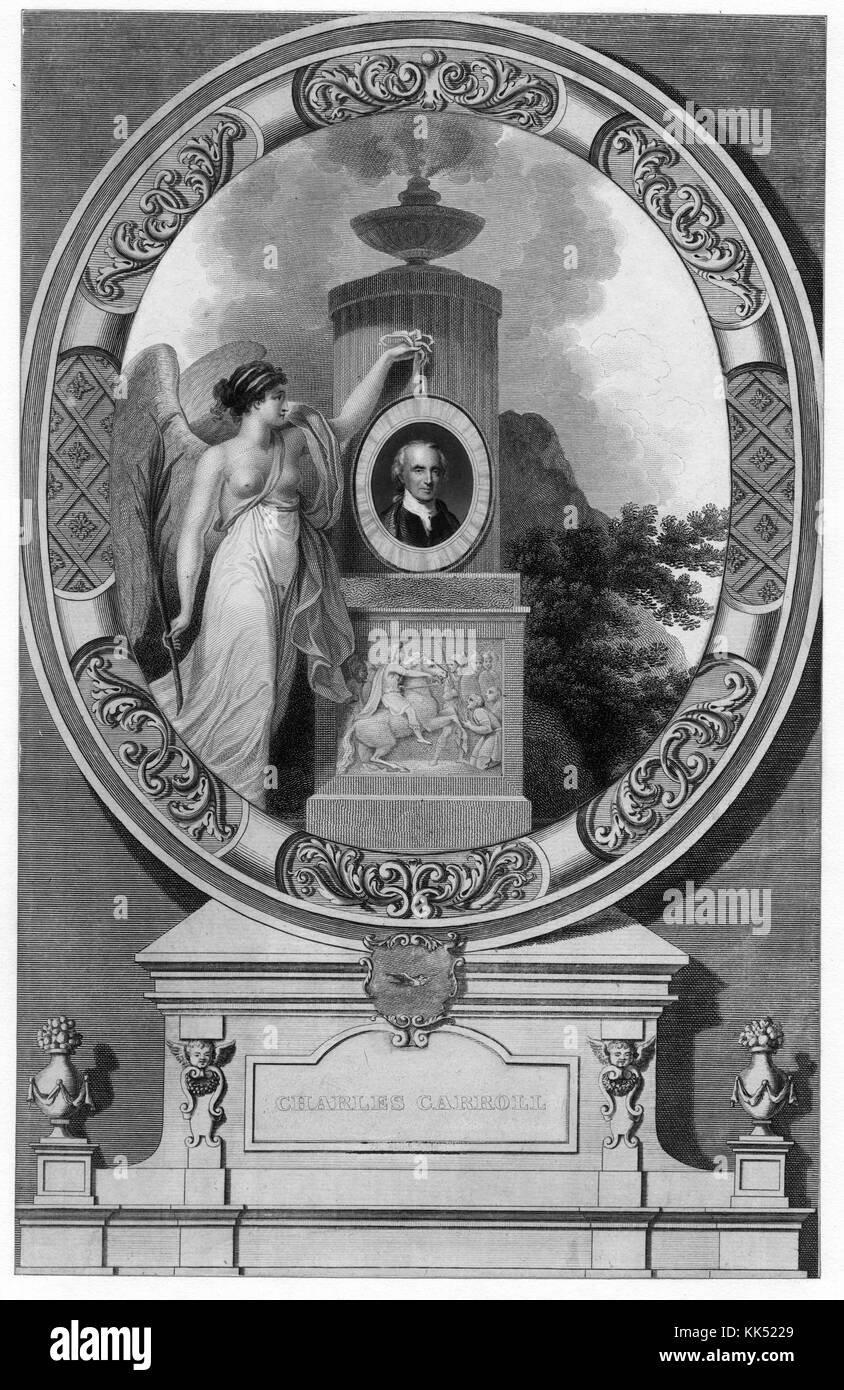 Une gravure d'un portrait de Charles Carroll, son portrait réel est très petit par rapport au reste de l'image allégorique, une femme ailée se tient à côté de son portrait qui est placé sur un piédestal de pierre qui a de la fumée s'élevant du haut, cette image apparaît dans un cadre orné qui repose sur un autre piédestal de pierre, Charles Carroll a servi en tant que délégué aux Congrès continental et confédéré, il a également été le premier sénateur des États-Unis de l'État du Maryland, 1850. De la Bibliothèque publique de New York. Banque D'Images