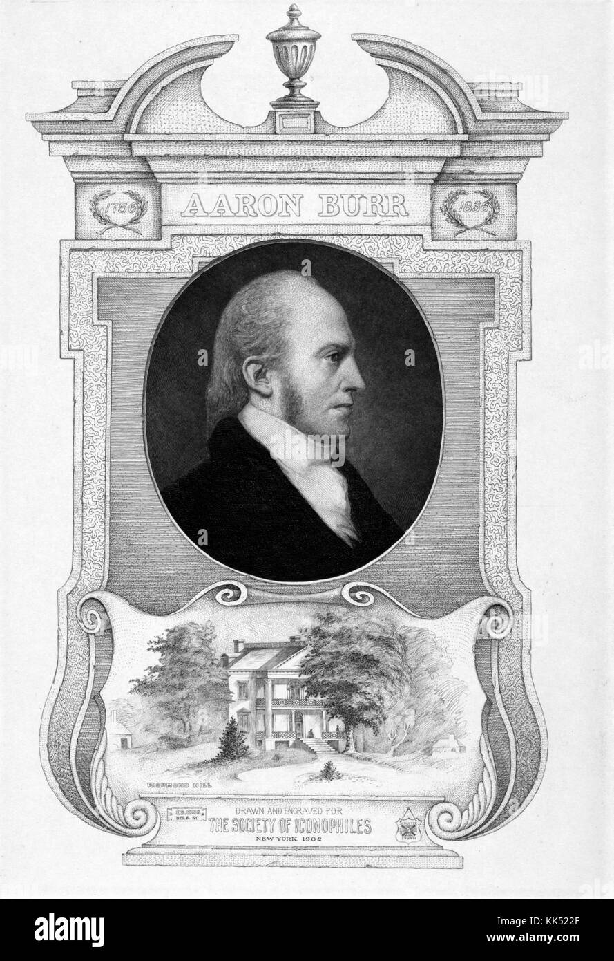 Une gravure d'un portrait d'Aaron Burr, il était un homme politique américain qui a occupé plusieurs postes, il a été procureur général de l'État de New York avant de devenir sénateur des États-Unis, après le Sénat, il est devenu le 3ème vice-président des États-Unis sous Thomas Jefferson, il est peut-être plus célèbre pour le duel au pistolet dans lequel il a tué Alexander Hamilton, la gravure contient également une image de Richmond Hill qui était une maison de Burr à Manhattan, en 1790. De la Bibliothèque publique de New York. Banque D'Images