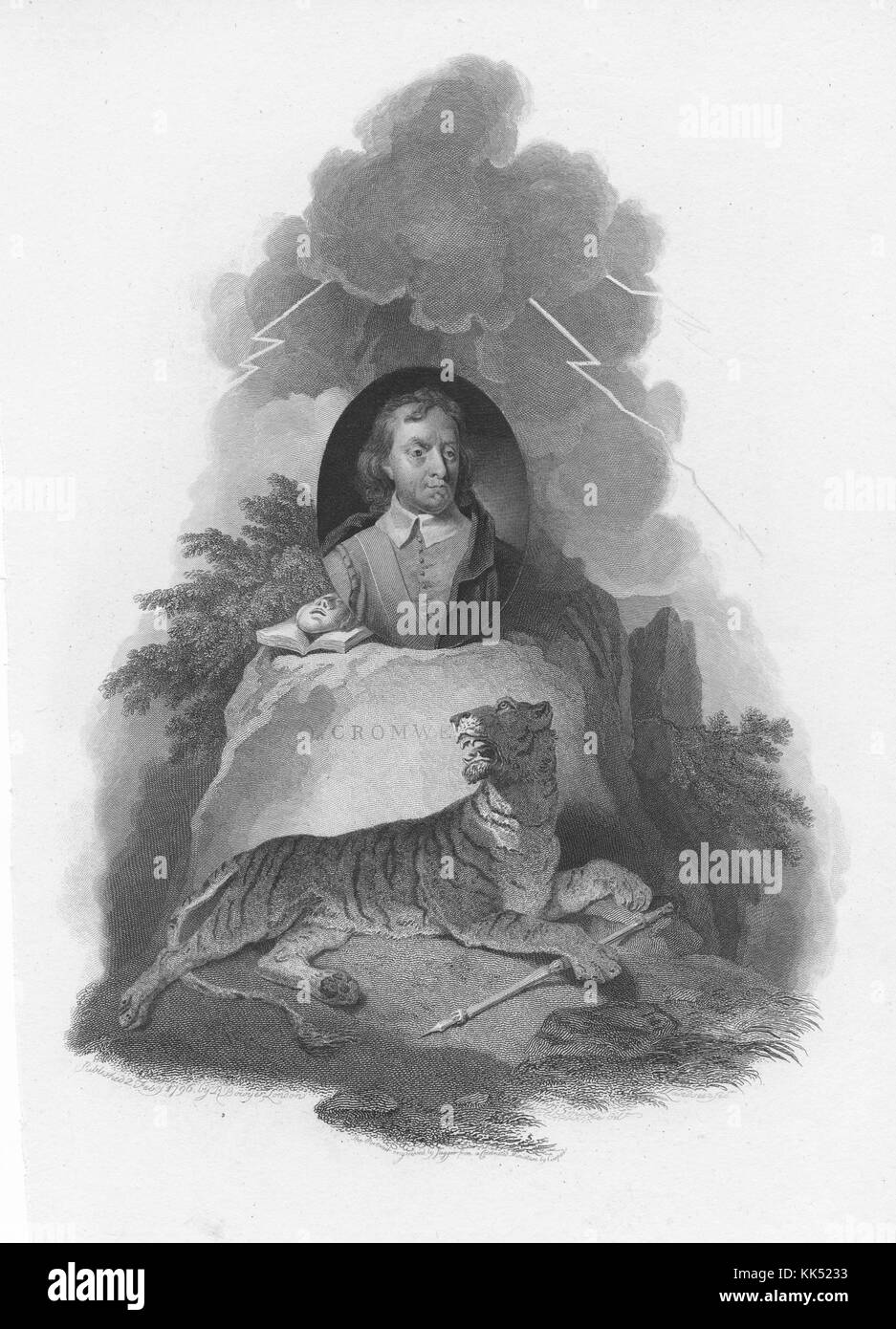 Une gravure tirée d'un tableau qui contient un portrait d'Oliver Cromwell, son portrait est placé au sommet d'un rocher avec un livre ouvert recouvert d'un masque, un tigre coule devant le rocher avec sa patte posée sur un bâton, L'éclairage est montré venant de nuages sombres dans le ciel, il était un chef militaire et homme politique anglais, il reste une figure très controversée pour ses actions politiques et militaires qu'il a prises en Angleterre, en Écosse et en Irlande, 1796. De la Bibliothèque publique de New York. Banque D'Images