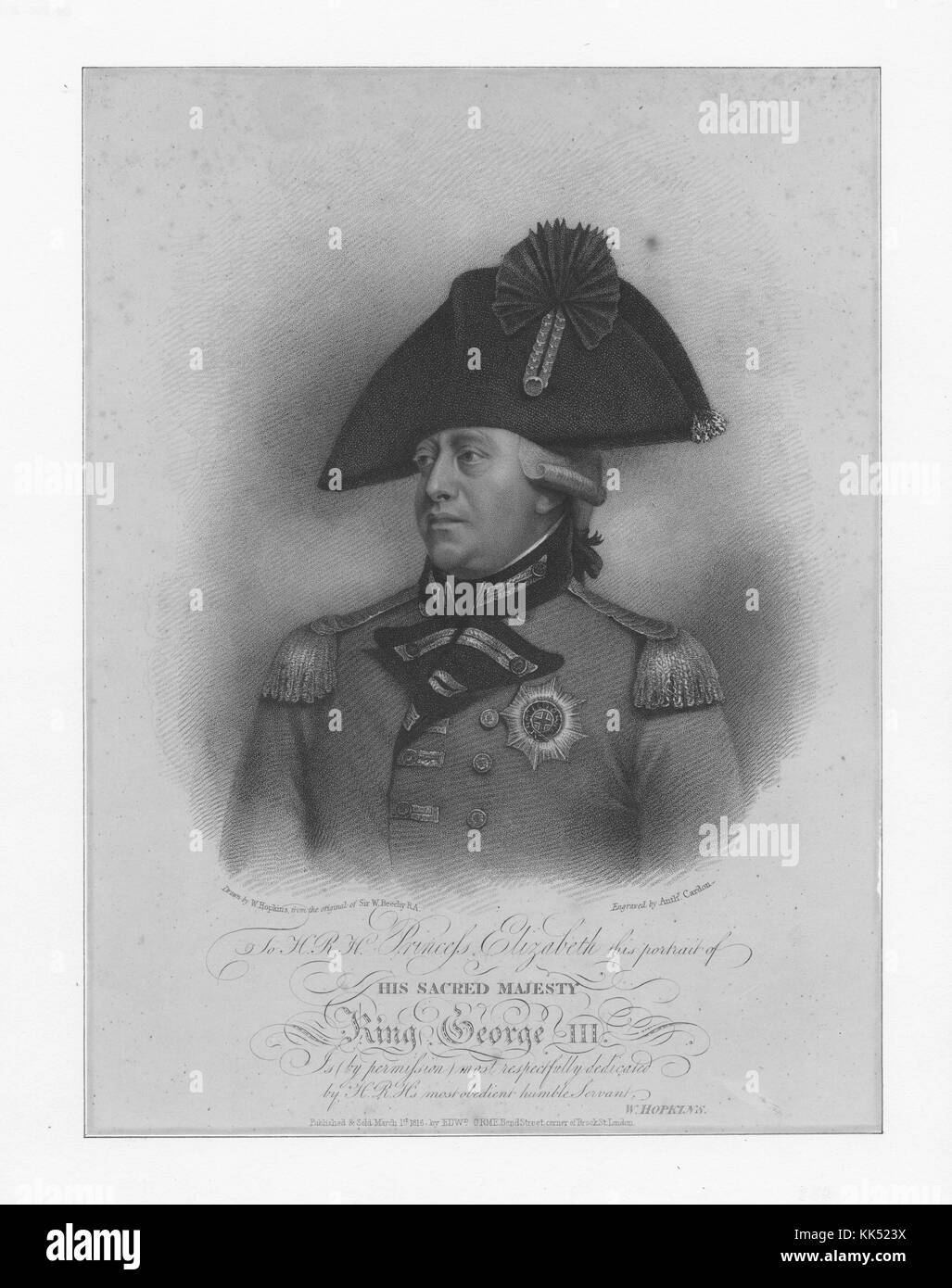 Gravure en crépette du roi George III dédié à la princesse Elizabeth, en lisant « à HRH la princesse Elizabeth ce portrait de sa Majesté Sacrée le roi George III », par Anthony Cardon, publié par Edward Orme, 1816. De la bibliothèque publique de New York. Banque D'Images