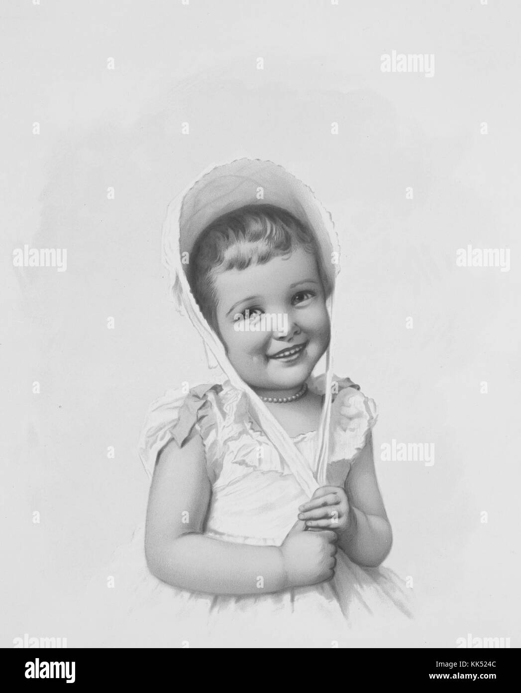 Imprimé coloré d'une jeune fille, souriant, portant un bonnet blanc, robe blanche et rose, et collier de perles roses, intitulé « Dottie Dimple », par Ida Waugh, publié par L Prang and Company, 1900. De la bibliothèque publique de New York. Banque D'Images