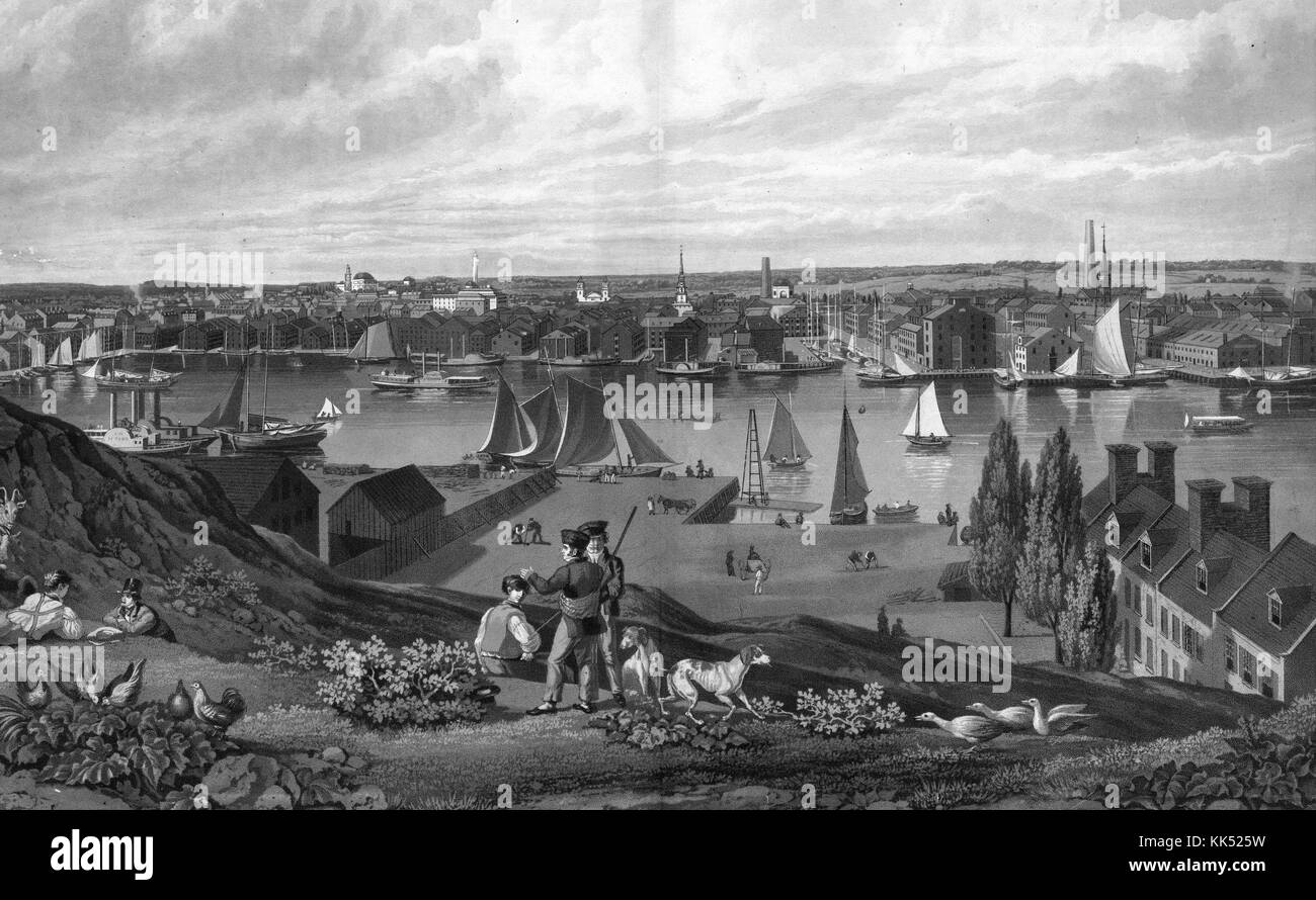 Tirage représentant plusieurs hommes, certains assis, d'autres debout, sur le flanc d'une colline, surplombant une baie avec des maisons et des bateaux, intitulé 'Baltimore from Federal Hill', par William J. Bennet, 1830. De la Bibliothèque publique de New York. Banque D'Images