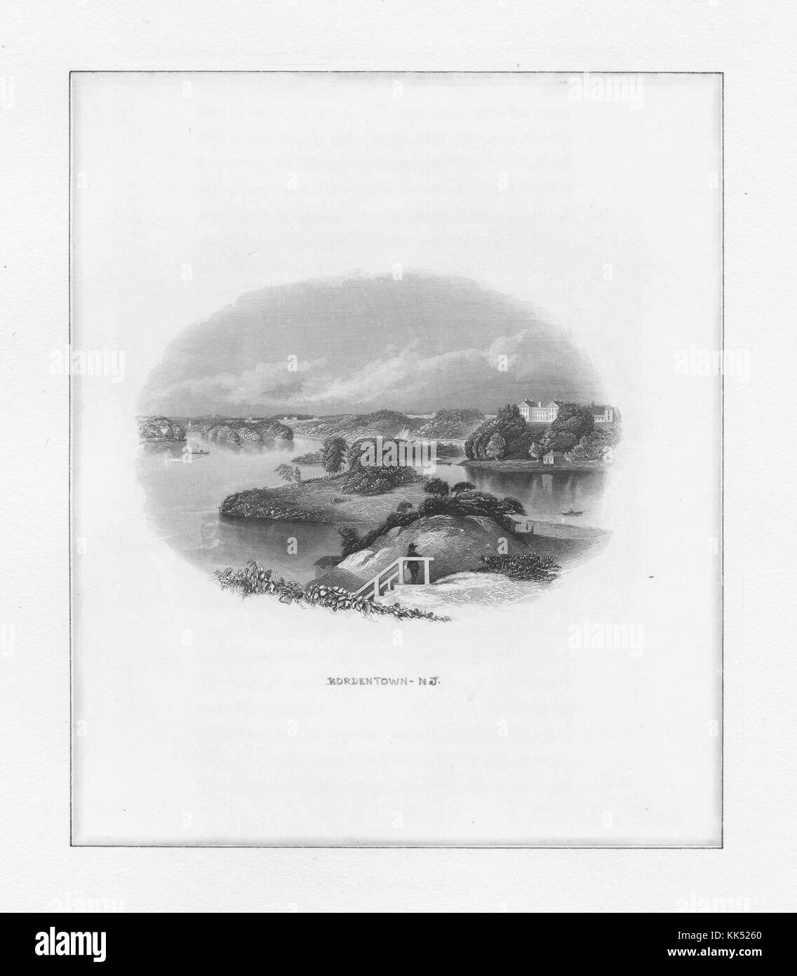 Vue gravée de Bordentown, New Jersey, une personne à un escalier peut être vu au premier plan, la rivière Delaware et une grande maison peut être vue à l'arrière-plan, Bordentown, New Jersey, 1850. De la Bibliothèque publique de New York. Banque D'Images