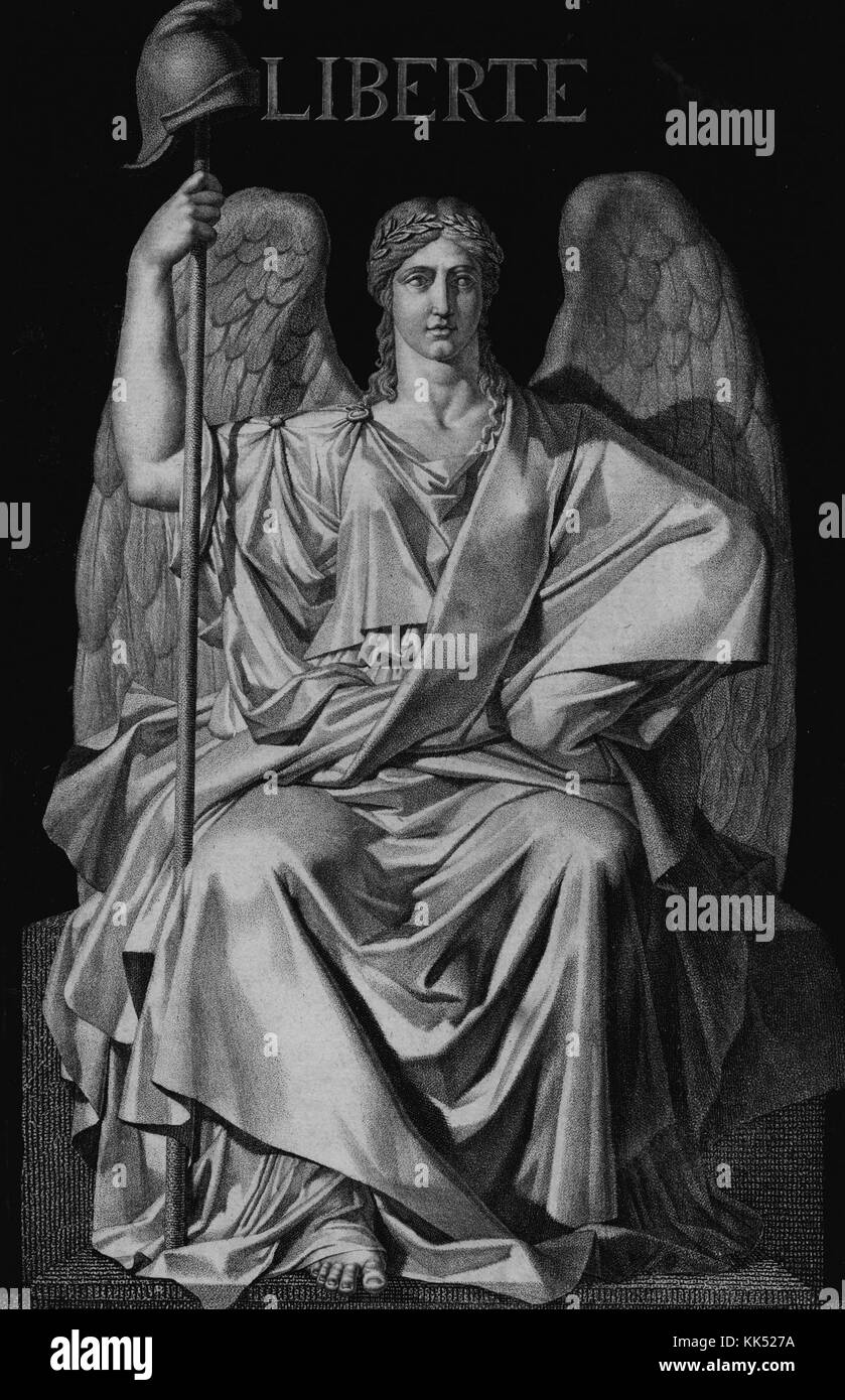 Gravure à l'image d'un Ange assis tenant une lance, sur laquelle un casque style romain repose, avec la légende Liberte (Liberty), 1800. À partir de la Bibliothèque publique de New York. Banque D'Images
