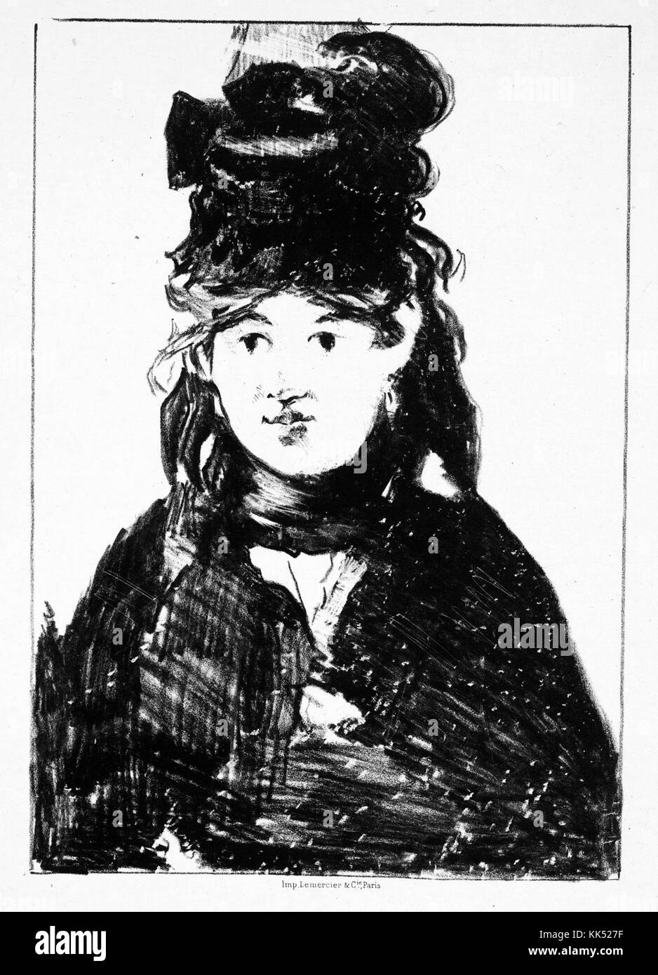 Une lithographie d'un portrait de Berthe Morisot, elle était un peintre français qui a été membre du groupe d'artistes qui en est venu à être connu comme les impressionnistes, le portrait peint d'origine a été fait par Edouard Manet qui a produit plus tard cette lithographie, Morisot était marié à Manet, frère, 1871. À partir de la Bibliothèque publique de New York. Banque D'Images