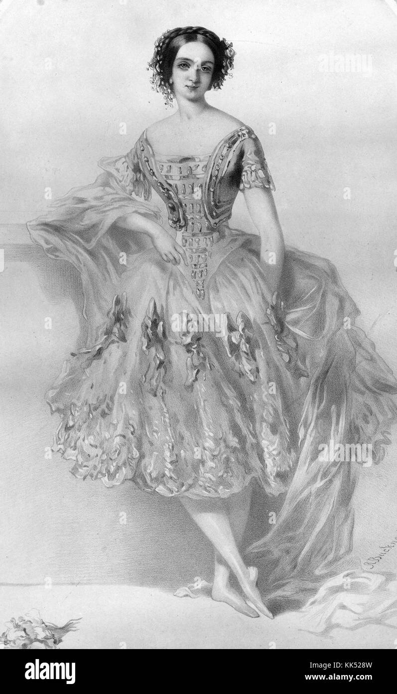 Lithographie portrait d'Adeline Plunkett, danseur principal du King's Theatre à Londres en 1843-44, saison pleine longueur, pieds en danse posent, vêtu d'un costume de danse, avec jupe en tulle, 1854. à partir de la bibliothèque publique de new york. Banque D'Images