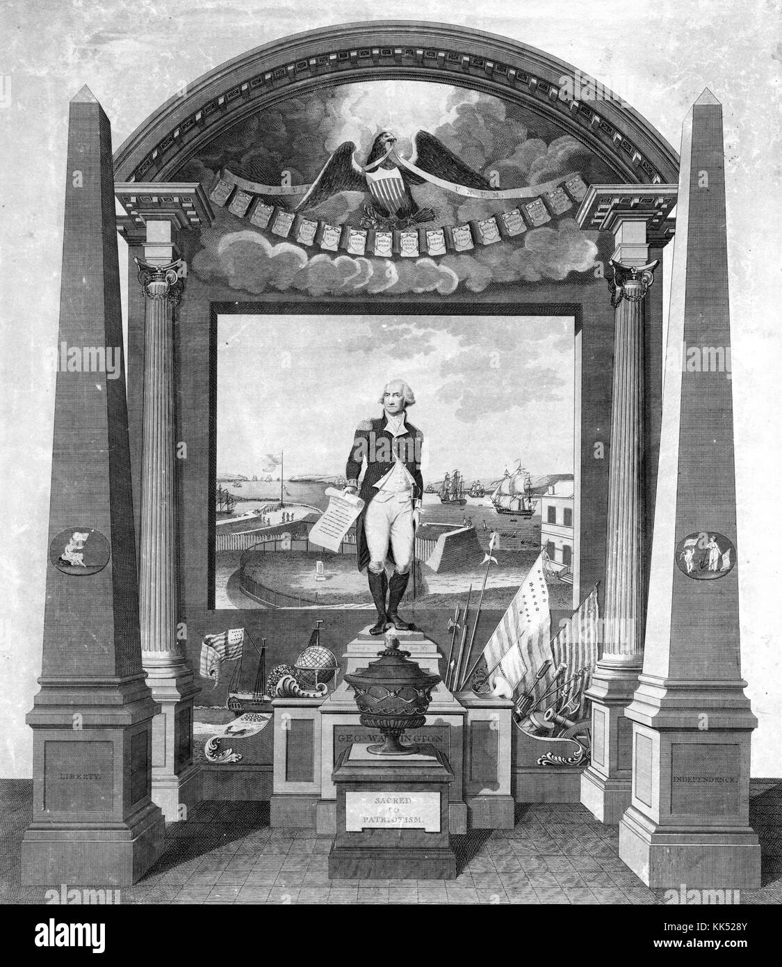 Portrait gravé de George Washington, la figure de Washington se dresse sur un piédestal en tenant son discours d'adieu dans sa main droite, 1798. à partir de la bibliothèque publique de new york. Banque D'Images