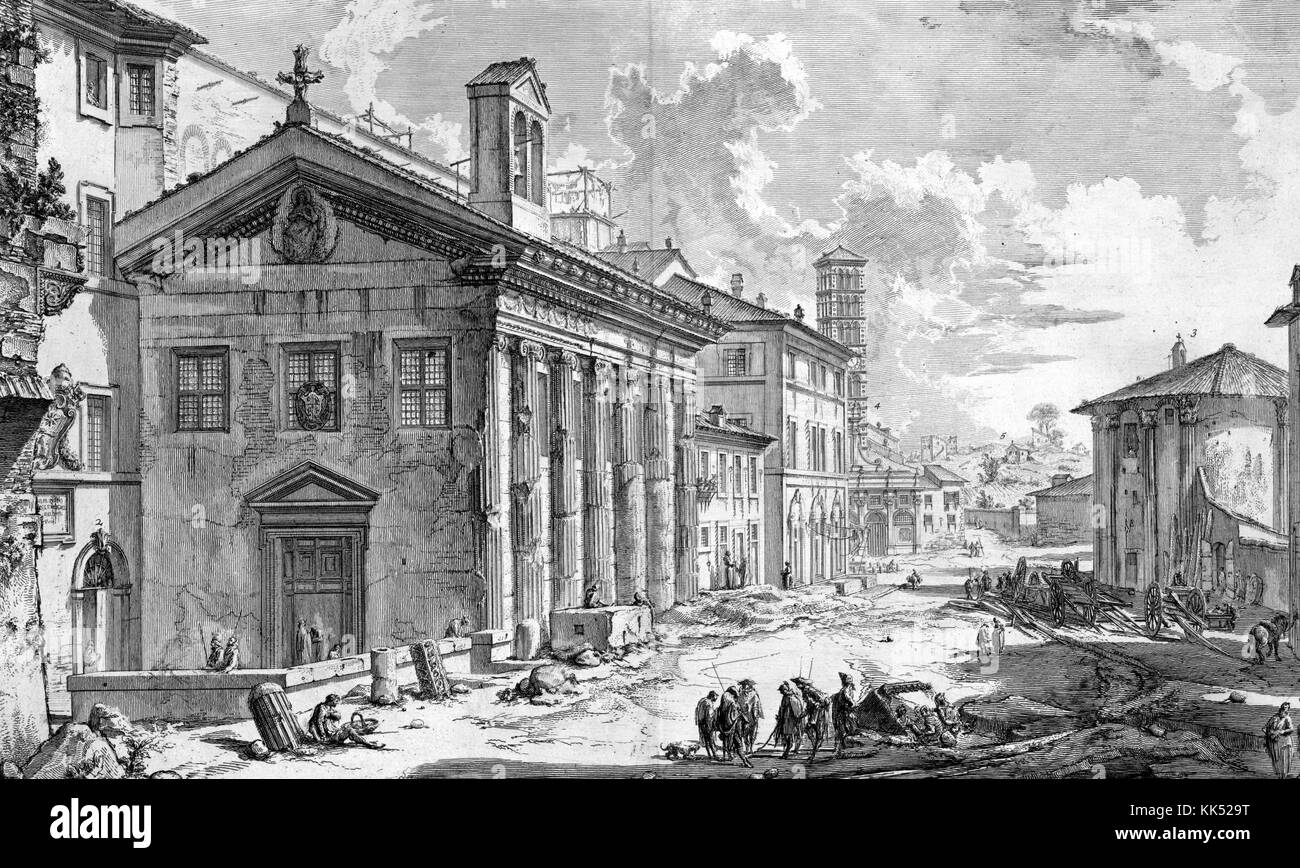 Une gravure représentant l'extérieur du temple de Portunus, il est également communément connu comme Temple de Fortuna virilis, le temple a été bien conservé au fil du temps parce qu'il a été converti en église au 9e siècle, l'image montre également des gens se rassemblant et travaillant dans les rues, d'autres bâtiments peuvent être vus en arrière-plan et près du temple, Rome, Italie, 1749. De la Bibliothèque publique de New York. Banque D'Images