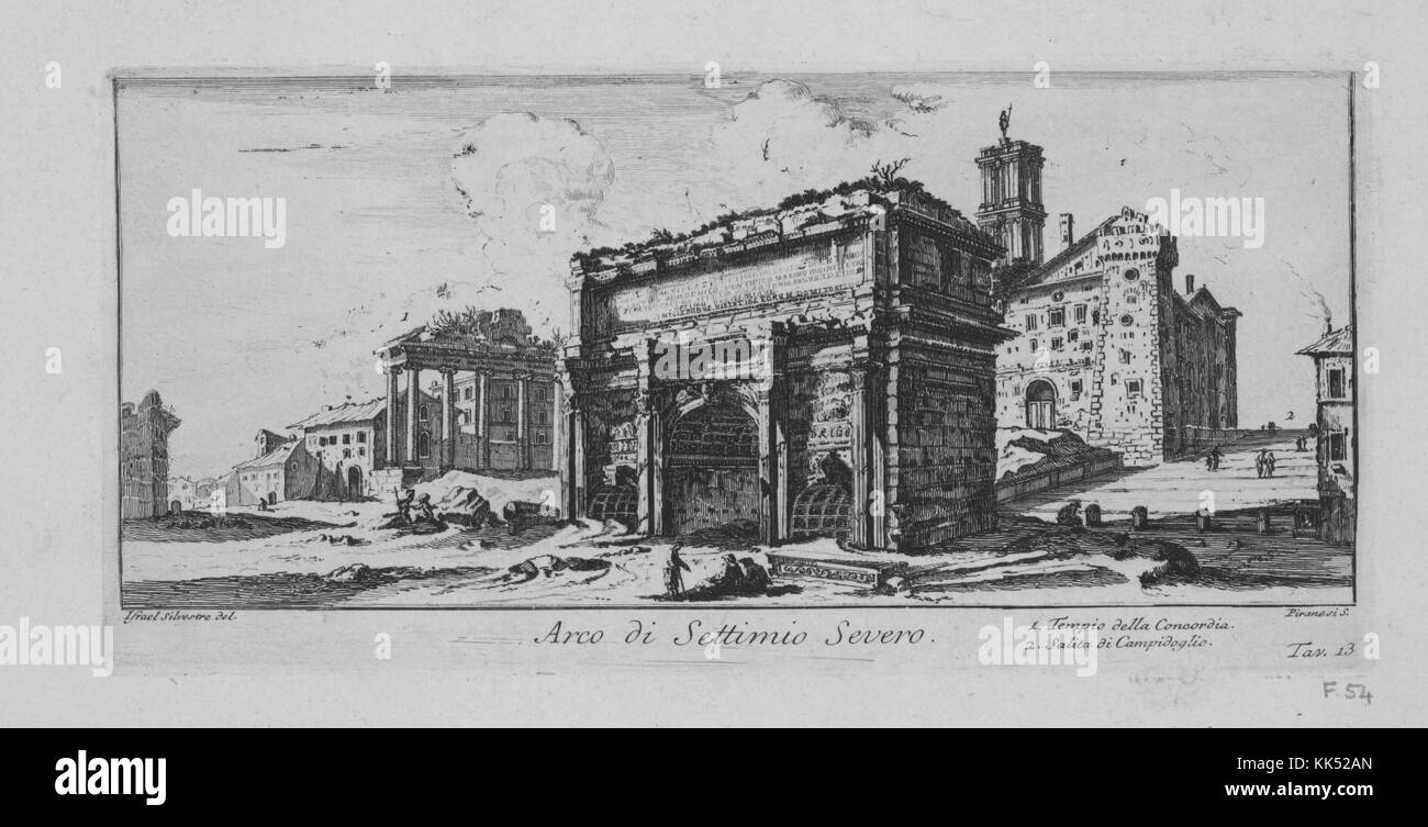 Une gravure représentant l'Arc de Septimius Severus, la structure fut construite en 203 après J.-C. pour célébrer les victoires militaires contre l'Emprire parthésien de l'empereur Semptimius Severus et de ses deux fils, L'arche triomphale a été construite le long de la via Sacra qui était la rue principale de la Rome antique où des défilés ont été organisés pour célébrer les victoires des commandants militaires, Rome, Italie, 1749. De la bibliothèque publique de New York. Banque D'Images