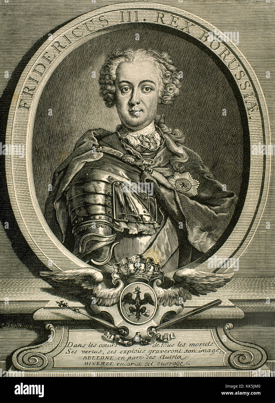 Frédéric II le Grand (1712-1786). Roi d'Prusian et électeur de Brandebourg. Chambre des Hohenzolern. Portrait. Gravure de R. Bong. 19e siècle. Banque D'Images