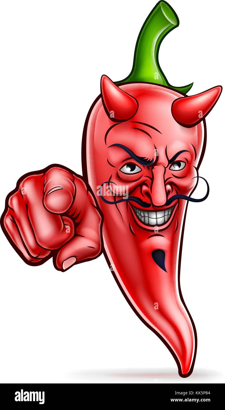 Cartoon Devil Red Chili Pepper pointant Illustration de Vecteur