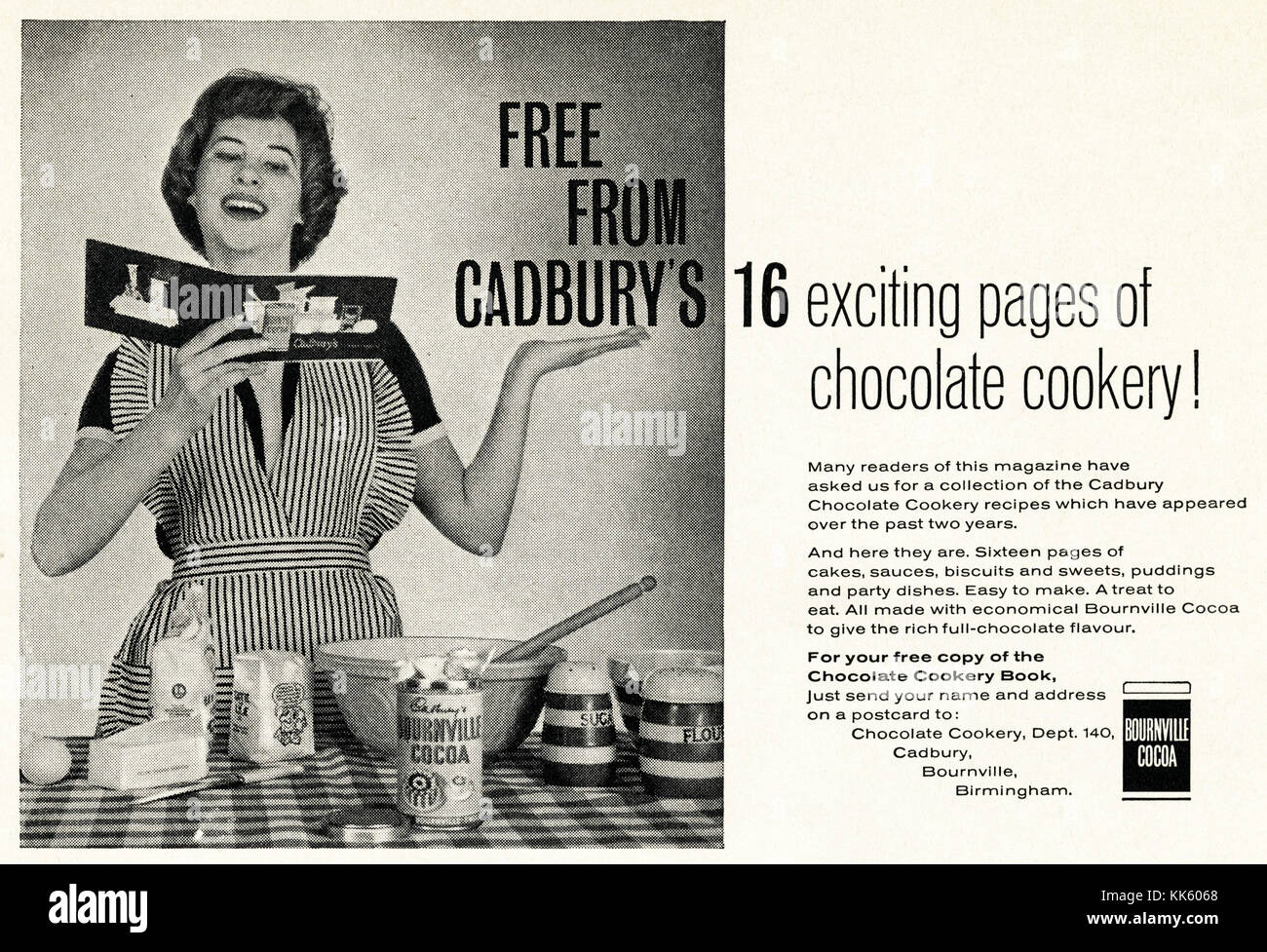 1950 old vintage advert original magazine anglais imprimer publicité  Publicité Bournville Cocoa par Cadbury de Birmingham England UK daté 1958  Photo Stock - Alamy