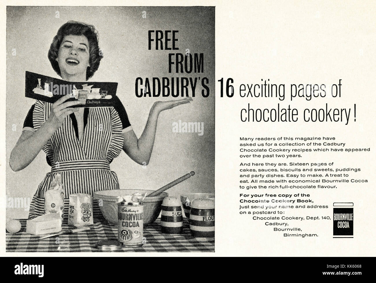 1950 old vintage advert original magazine anglais imprimer publicité Publicité Bournville Cocoa par Cadbury de Birmingham England UK daté 1958 Banque D'Images