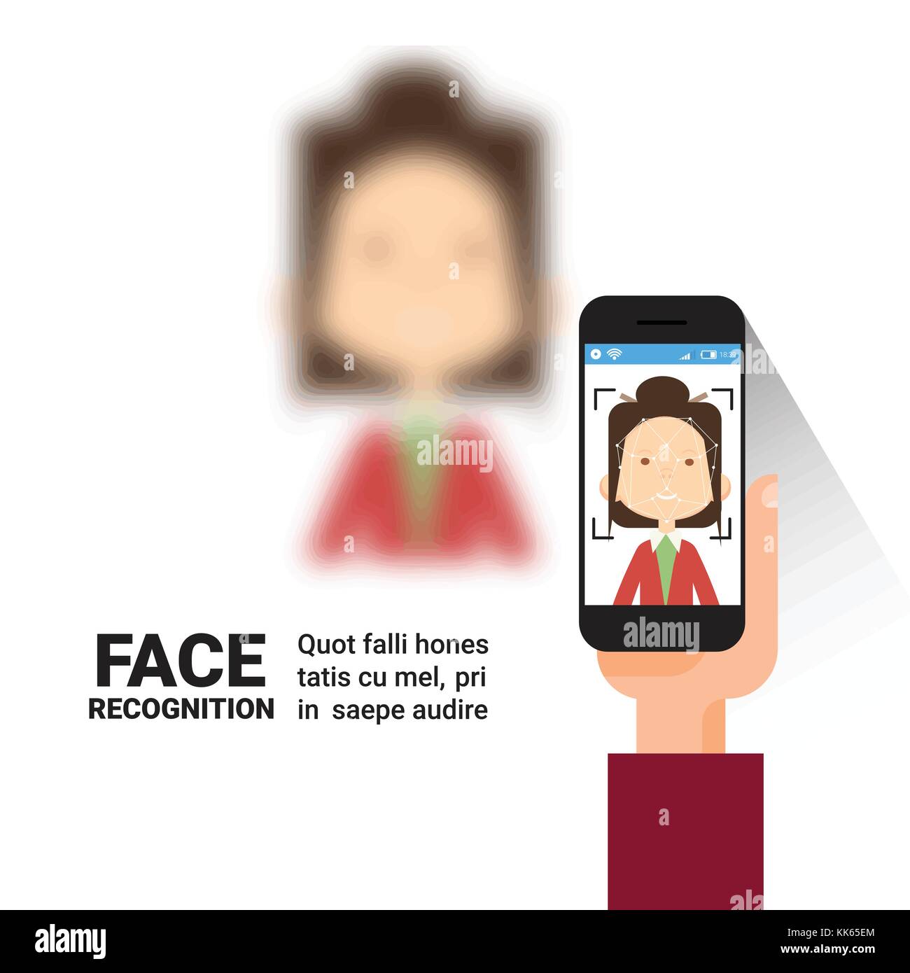 Hand holding smart phone scanning femme identification moderne technologie de contrôle d'accès système de reconnaissance biométrique concept Illustration de Vecteur