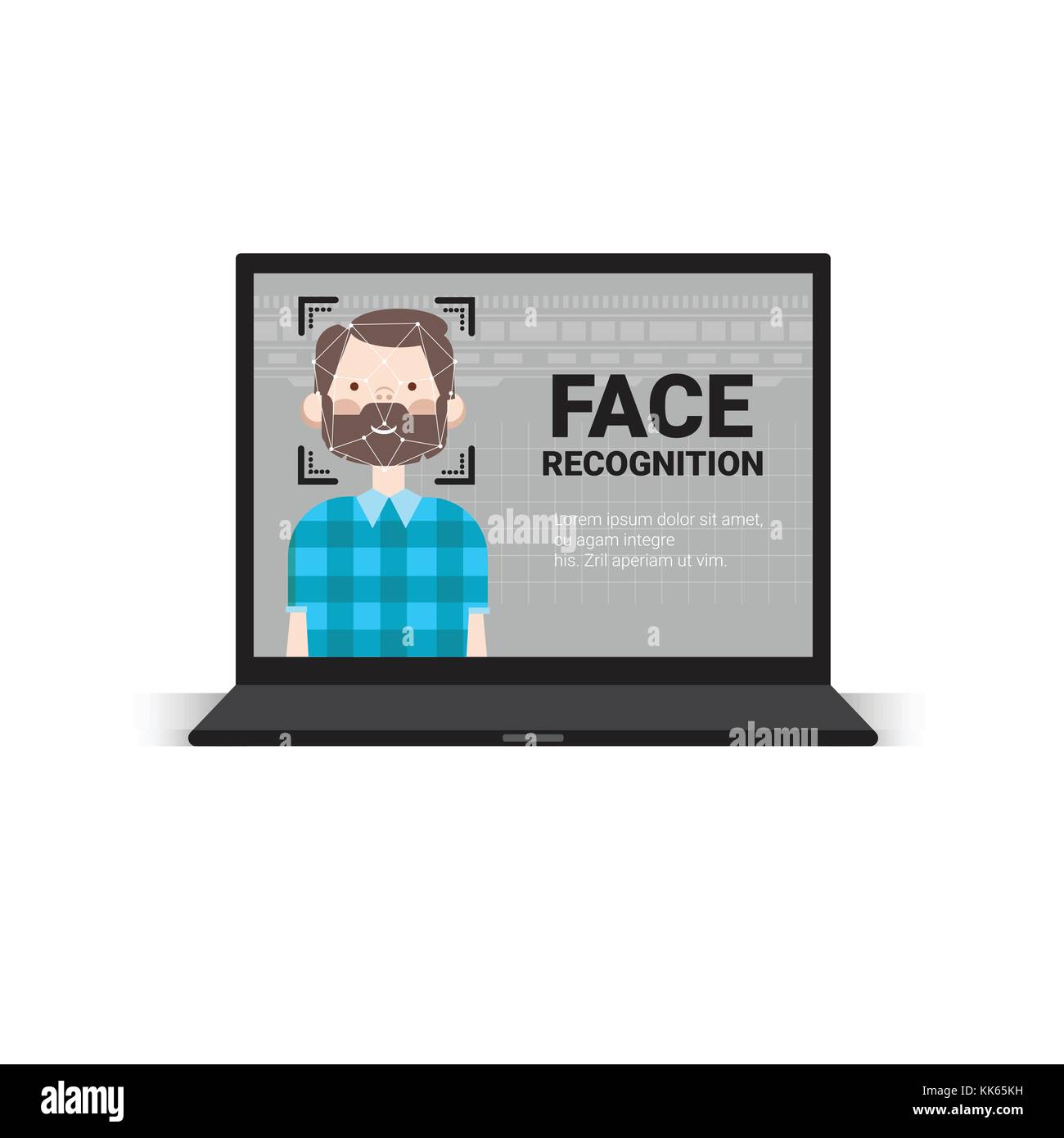 Ordinateur portable de l'utilisateur numérisation face mâle de la technologie d'identification contrôle d'accès biométrique système concept reconnaissance Illustration de Vecteur