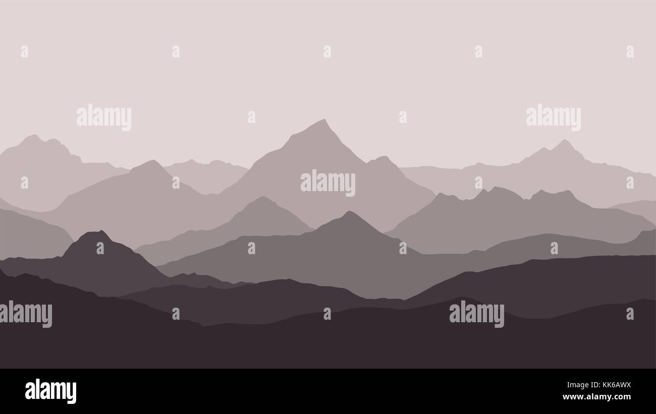 Vue panoramique sur le paysage de montagne avec du brouillard dans la vallée ci-dessous avec l'alpenglow ciel gris et la brume - vector background Illustration de Vecteur