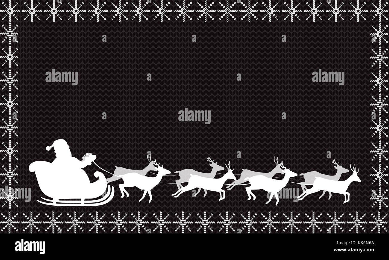 Silhouette blanche de Santa Claus équitation dans un traîneau avec huit rennes sur fond noir tricot encadrées de flocons.Noël ou Nouvel An Banque D'Images