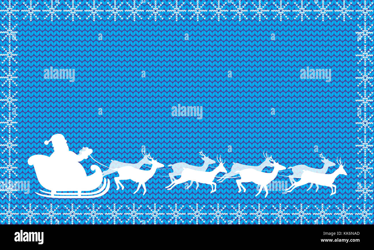Silhouette blanche de Santa Claus équitation dans un traîneau avec huit rennes sur fond bleu tricot encadrées de flocons.Noël et Nouvel An Banque D'Images