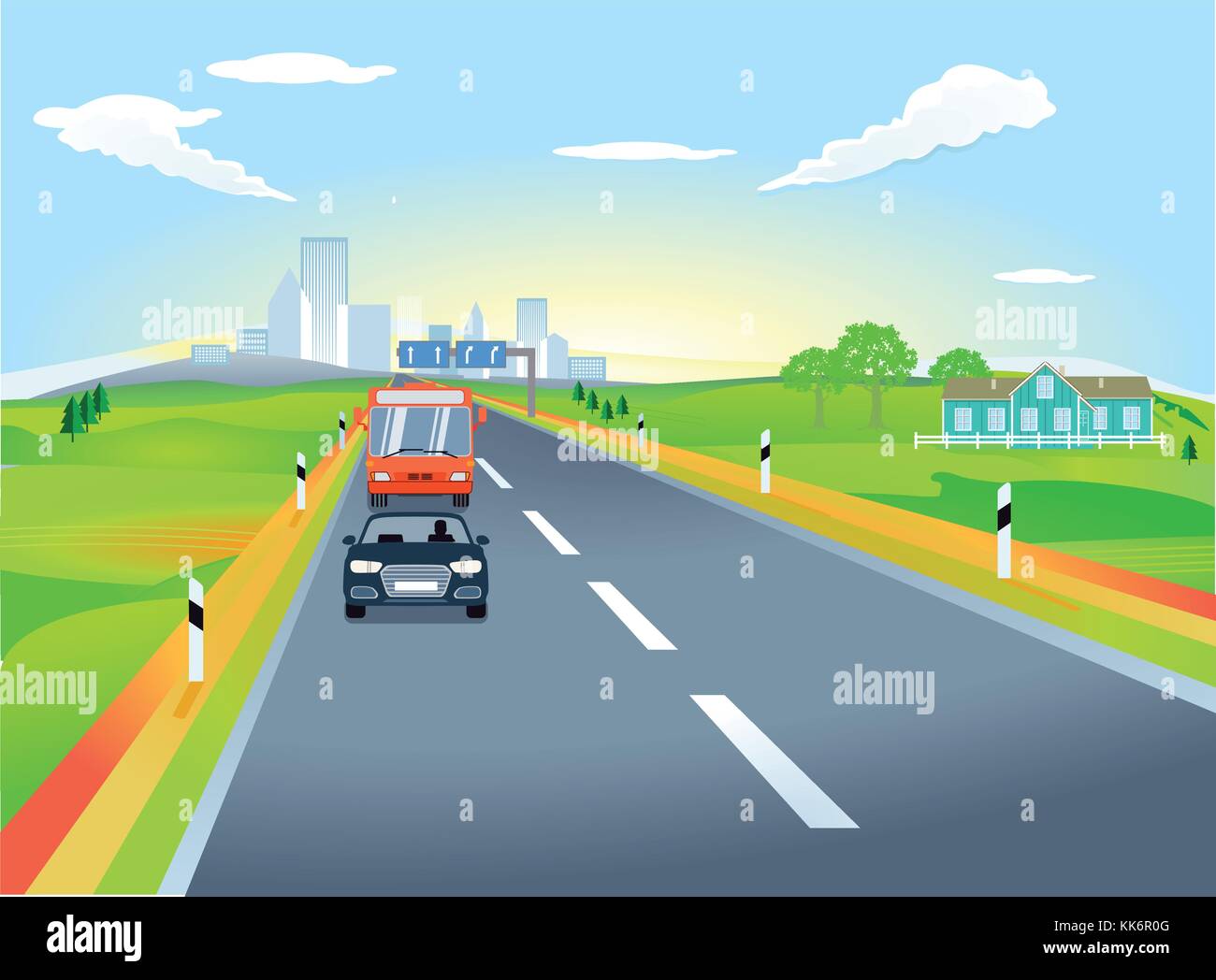L'autoroute avec la circulation automobile, illustration Illustration de Vecteur
