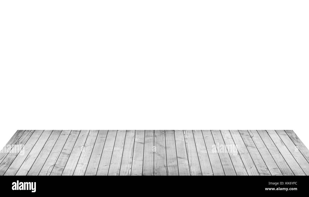 Table en bois gris vide, planches verticales sur fond blanc Banque D'Images